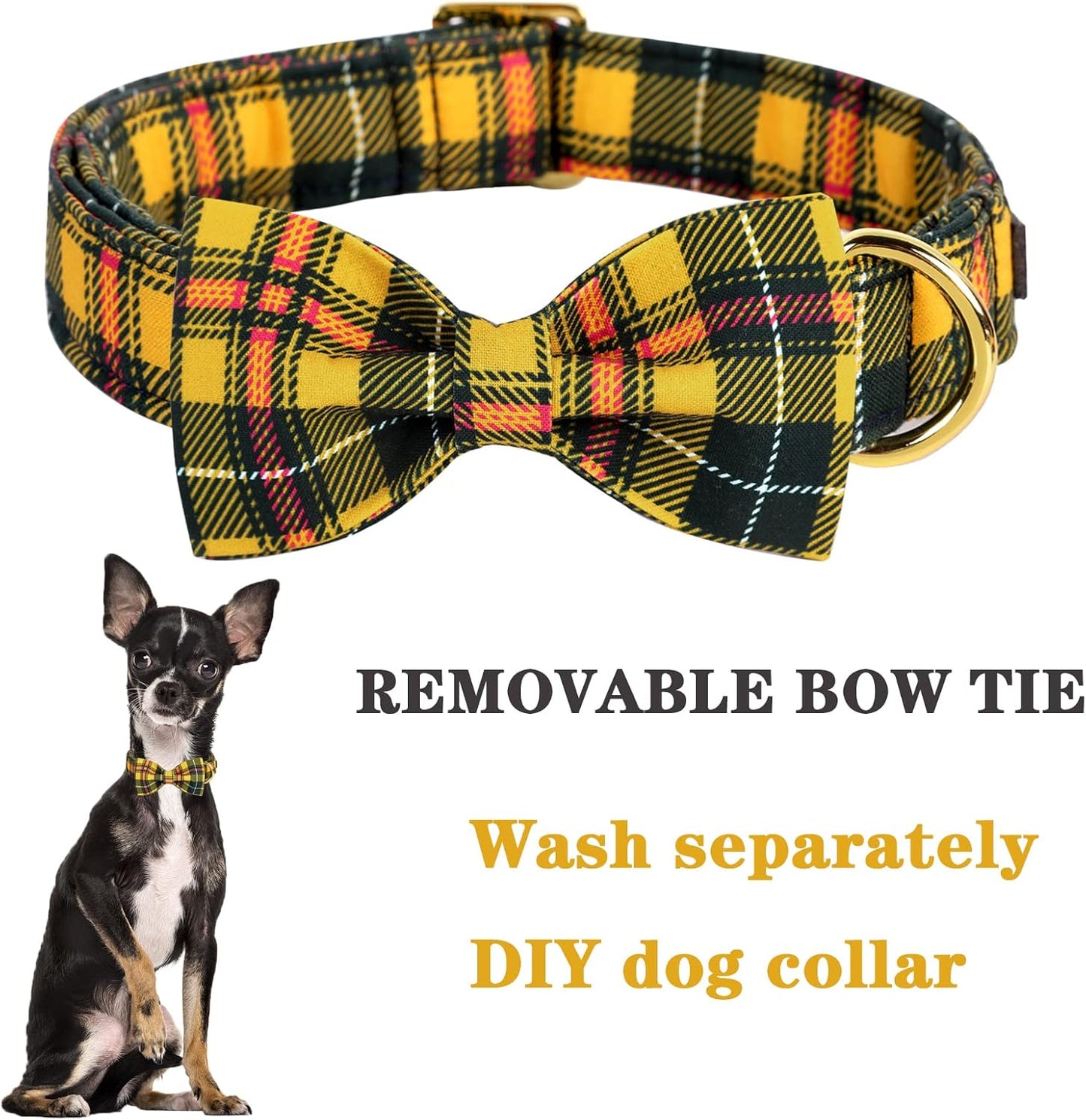 Unique style paws Bowtie Dog Collar Cotton Plaid Collar Adjustable Puppy Collar for Small Medium Large Dogs-L