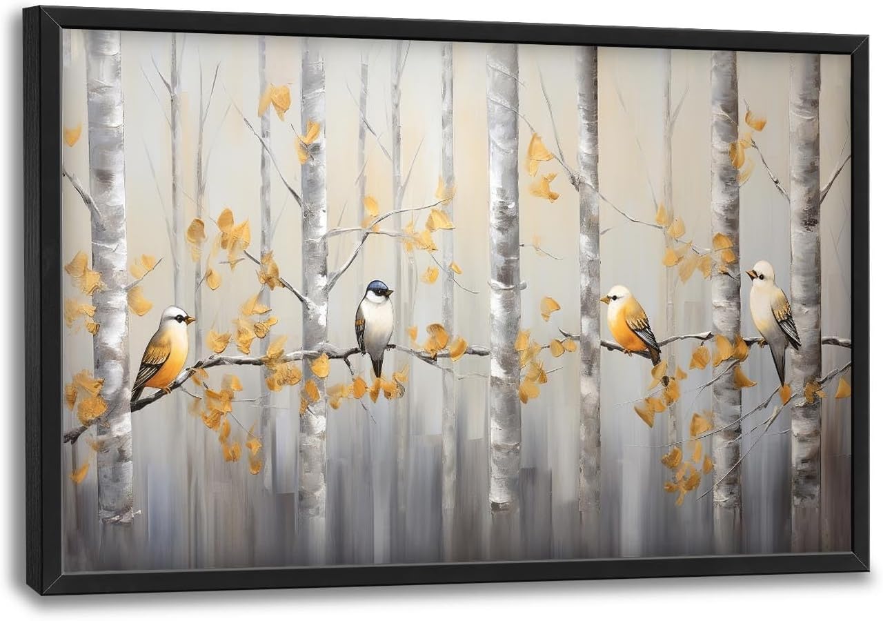 Quorin Bird Large Wall Art Abstract Forest Birds Pictures Wall Decor Yellow Woods Branches Tree Canvas Print Painting Artwork for Bathroom Living Room Bedroom 36L x 24W