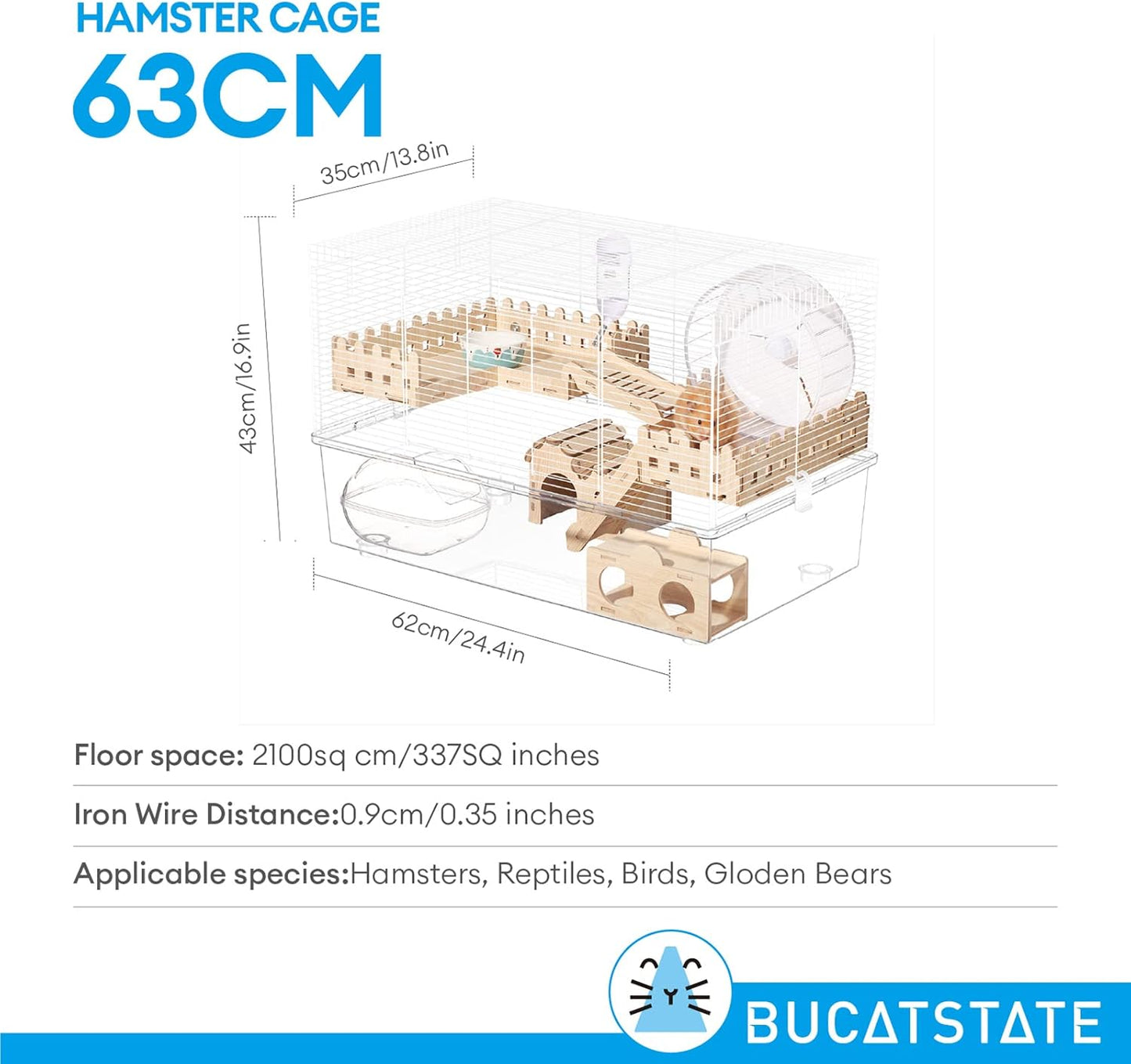 BUCATSTATE Hamster Cage Includes 8 in 1 Accessories, 3-Level Hamster Rat Cage and Habitats for Gerbil, Mice, Syrian Dwarf Hamster (24.4" L x 13.8" W x 16.9" H)
