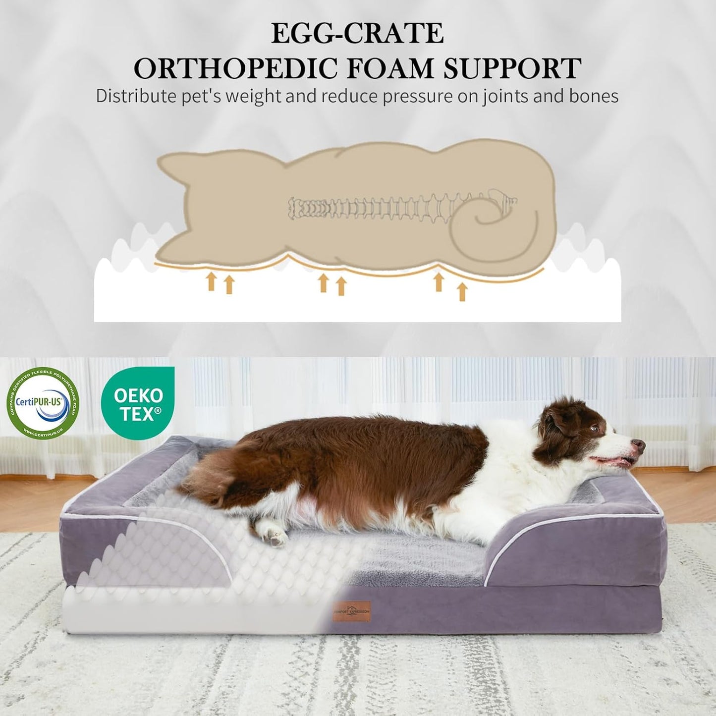 Comfort Expression XXL Waterproof Orthopedic Dog Bed for Extra Large Dogs, Orthopedic Foam Dog Beds, Washable Dogs Sofa Bed with Removable Cover & Non-Slip Bottom(XX-Large,Purple)