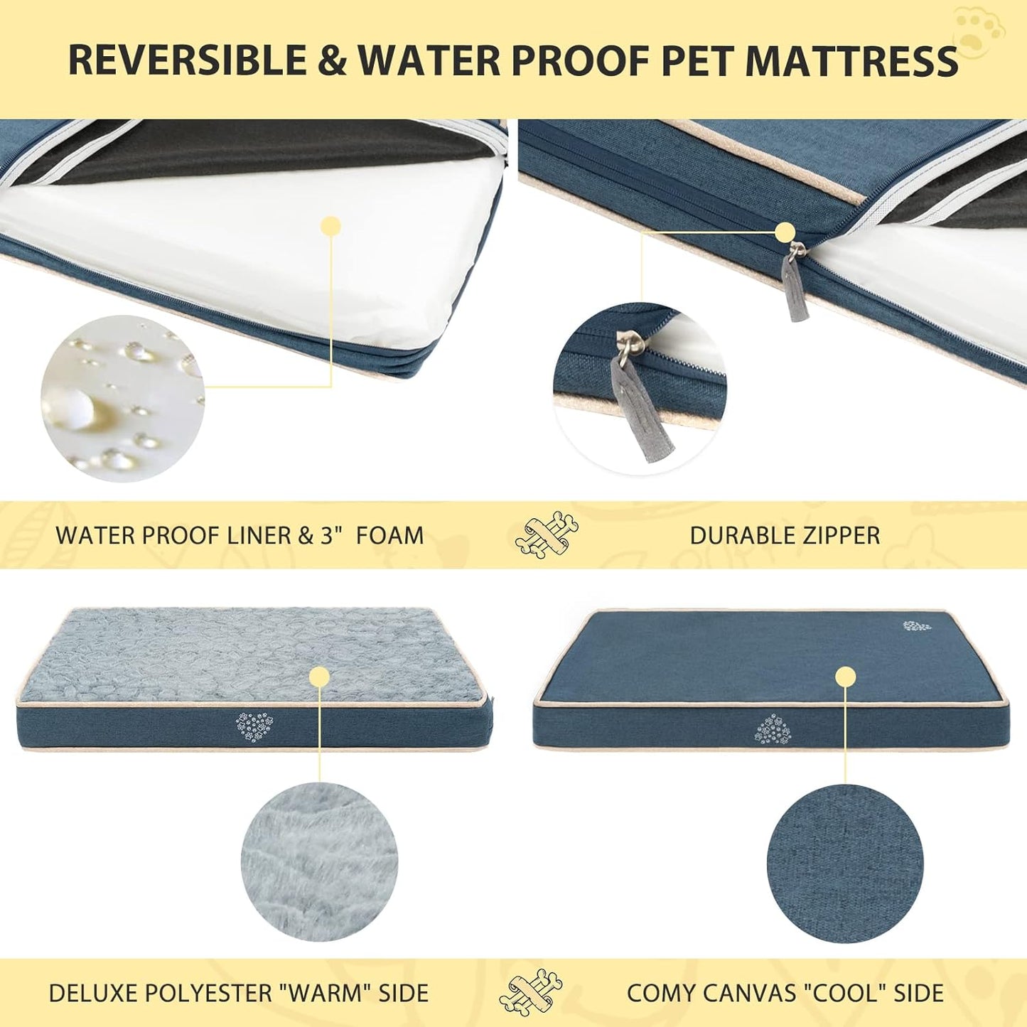 VANKEAN Waterproof Dog Pad Bed Mat Reversible (Warm&Cool), Removable Washable Cover & Waterproof Inner Lining, Pet Mattress for Cats and Dogs, Joint Relief Crate Bed, Navy