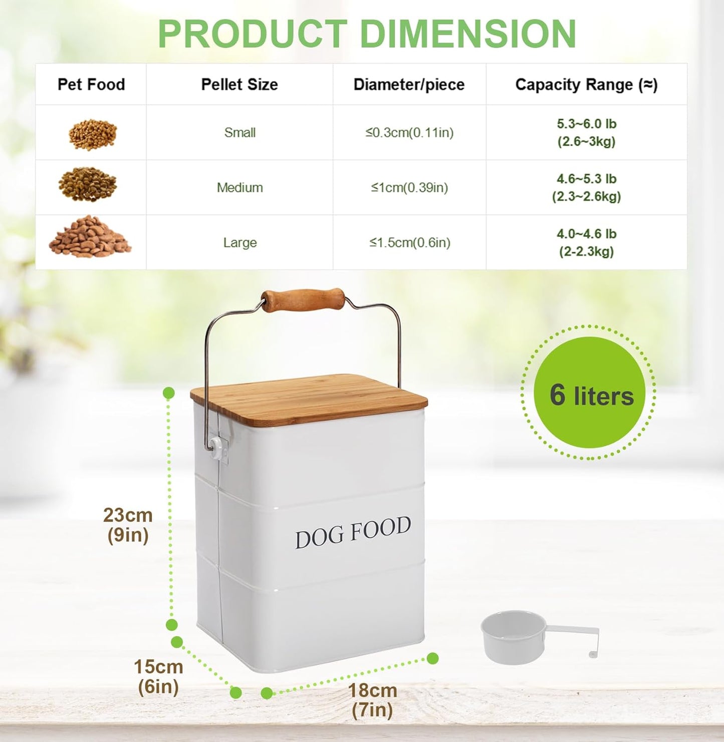 Dog Food storage container Dog Treats Jar,5~6 lb Metal food treats tin for Dog, pet snacks Canisters with wooden lid/handle/sevice scoop-White