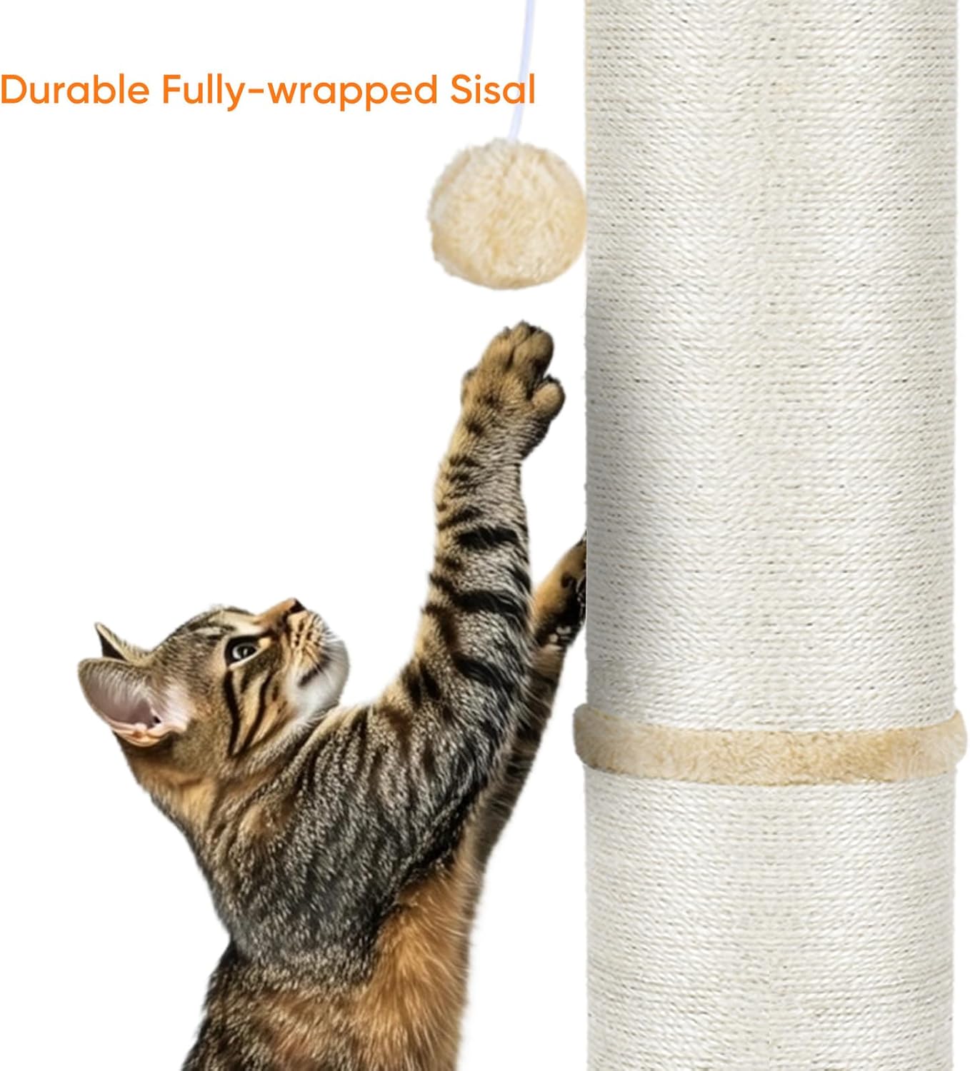 PAWSCRAT Cat Scratching Post 32" Tall, Large Diameter Natural Sisal Cat Scratch Post with Dangling Ball, Scratch-Resistant and Durable Tall Cat Scratcher for Indoor Cats, Protect Your Furniture, Beige