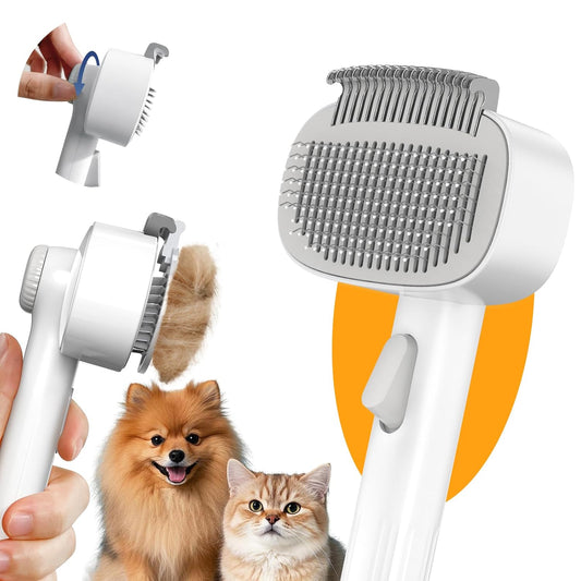 Self Cleaning Slicker Brush, 2-in-1 Cat Brush for Shedding, Skin Friendly Grooming Tool for Long & Medium-Long Hair Pets, Adjustable Bristle Length with Dematting Comb for Cats, Dogs