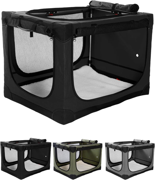 36 Inch Collapsible Travel Dog Crate for Medium Large Dogs, Portable Dog Crate 4-Door Foldable Soft Kennel with Durable Mesh Windows for Indoor & Outdoor Travel, with Storage Bag,Black