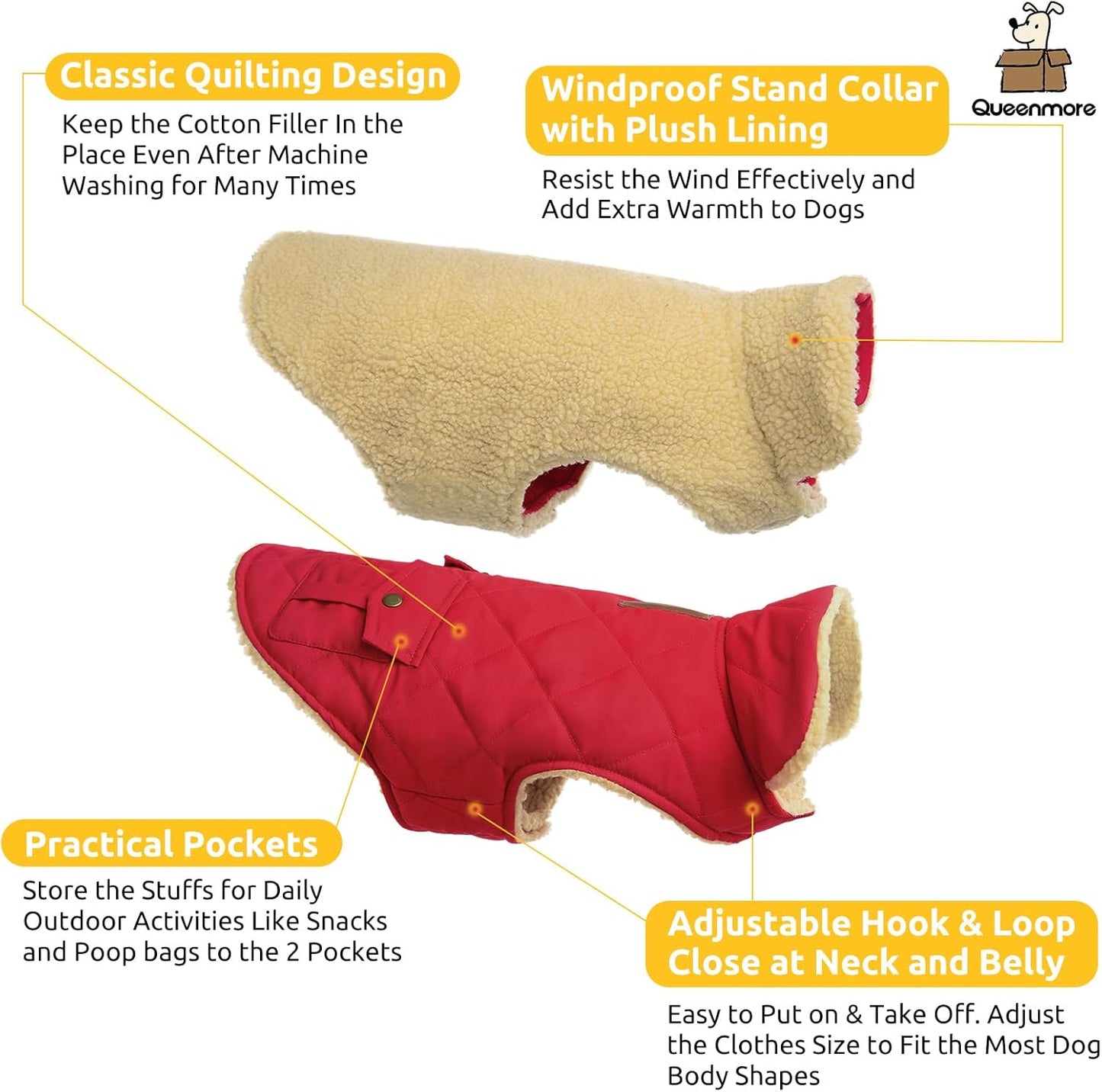 Queenmore Warm Dog Coat, Cold Weather Puffer Jacket with Ultra Thick Plush Lining and Storage Pockets (Red, Medium)