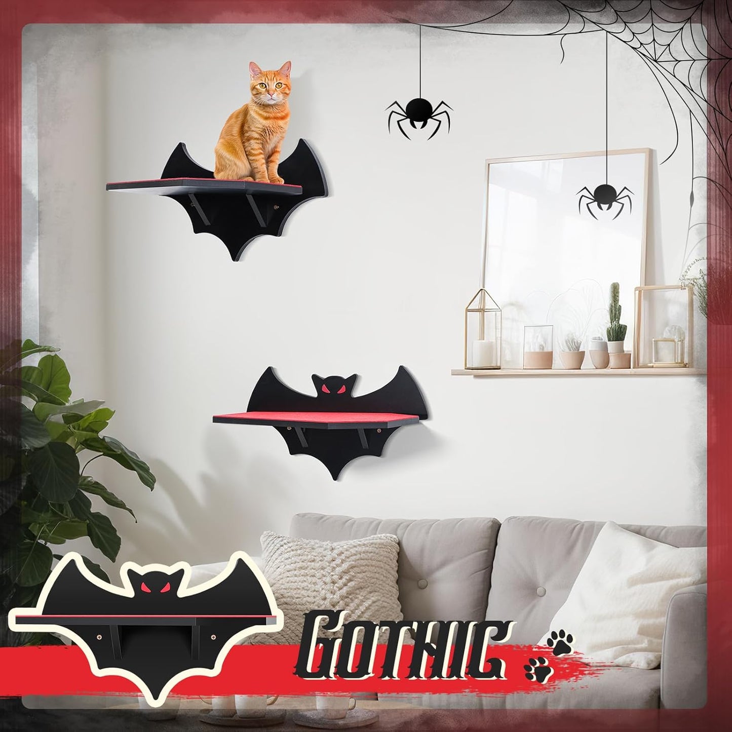 Cat Wall Mount Shelves for Indoor, Gothic Bat Floating Shelf with Coffin Bed Cat Wall Tree Can Load Bearing up to 30 Lbs/ 14 kg
