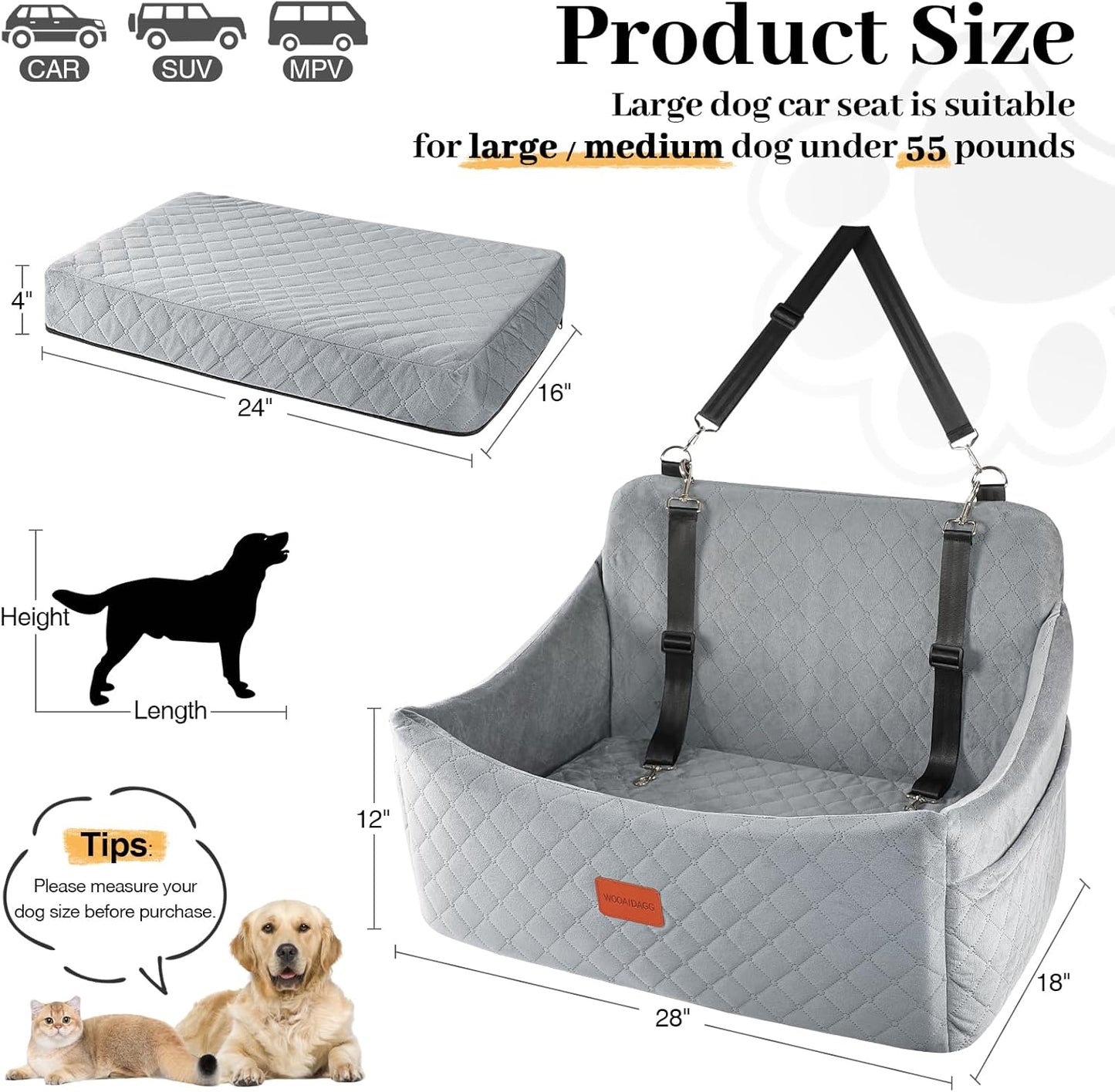 Dog Car Seat for Medium & Large Dogs Up to 55lbs, Memory Foam Cushion, Washable Cover, Safety Straps & Non-Slip Base(Grey,Large)