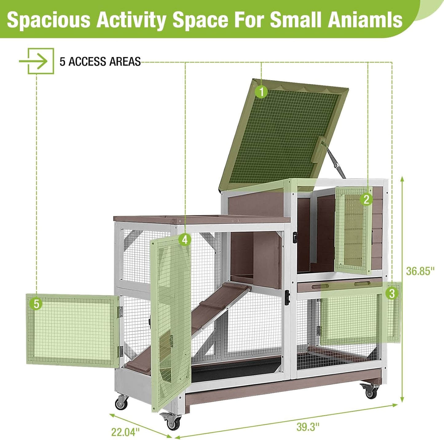 GUTINNEEN Rabbit Hutch Indoor Outdoor 2 Story Bunny House on Wheels Wood Rabbit Cage with 2 Pull Out Trays Guinea Pig Cage