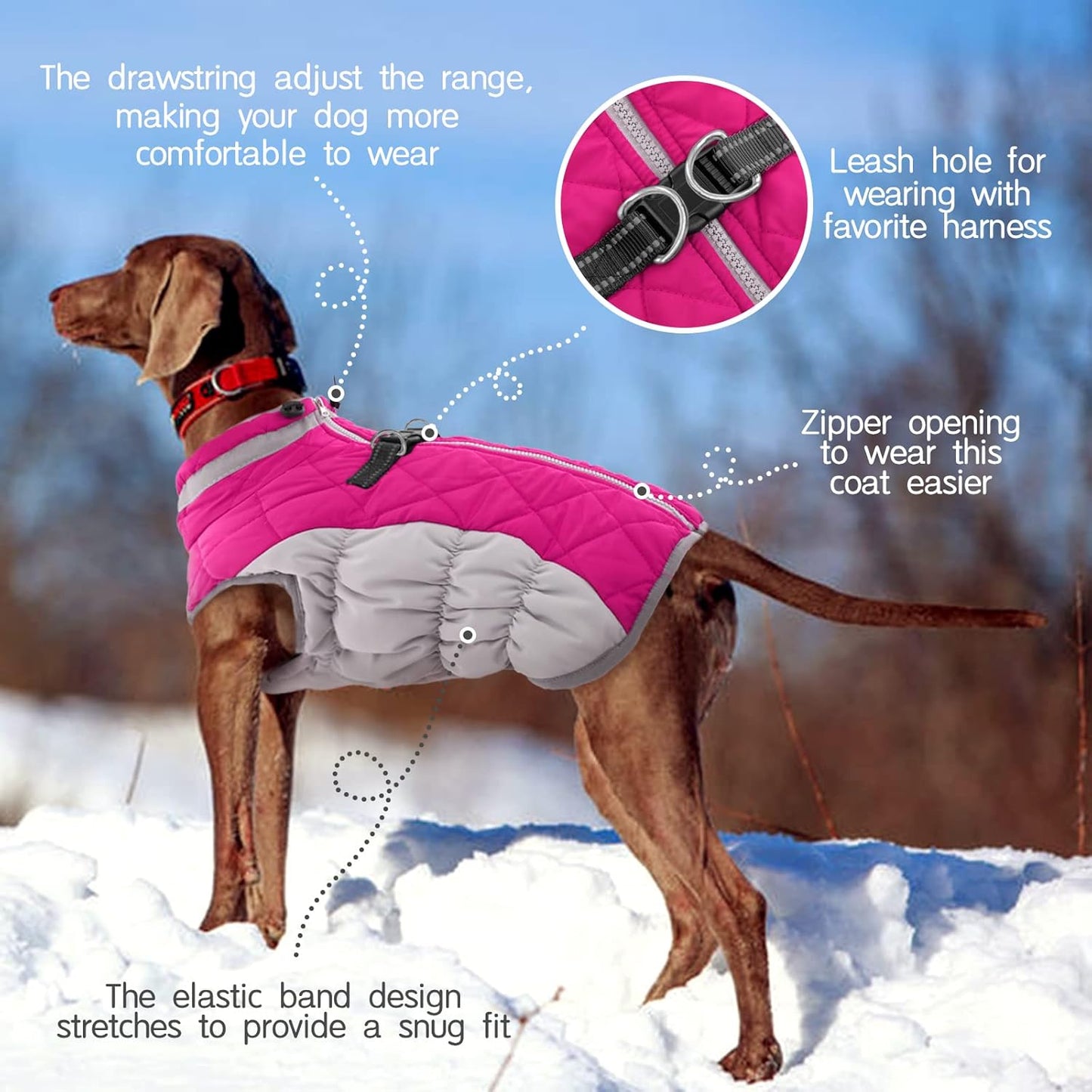 FUAMEY Dog Coat for Large Dogs,Waterproof Dog Winter Jacket with Harness Built in Puppy Cold Weather Coats Reflective Pet Vest with Zipper Warm Fleece Dogs Snowsuit Windproof Pink XXL