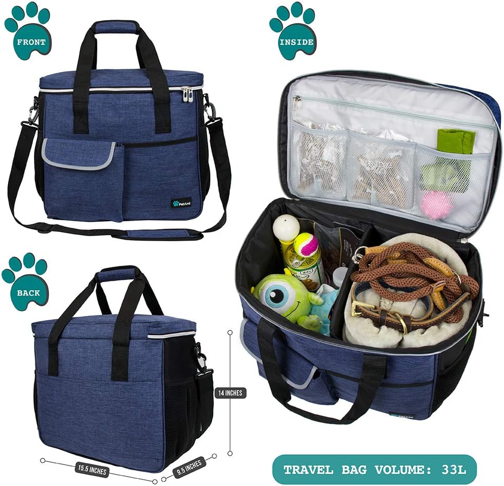 PetAmi Dog Travel Bag - Travel Pet Organizer with Food Container and Bowls, Perfect for Weekend Camping, Navy, Large