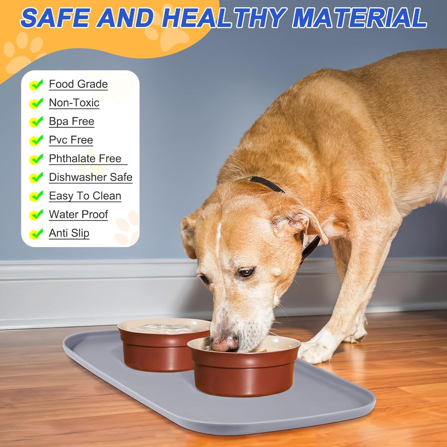 Silicone Pet Feeding Mat with Raised Edge for Food and Water, Dog Bowl Mats, Cat Bowls Placemat with High Lip for Floor Waterproof, Rubber Tray for Cats and Dogs 19 x 12 x0.7 Light Gray