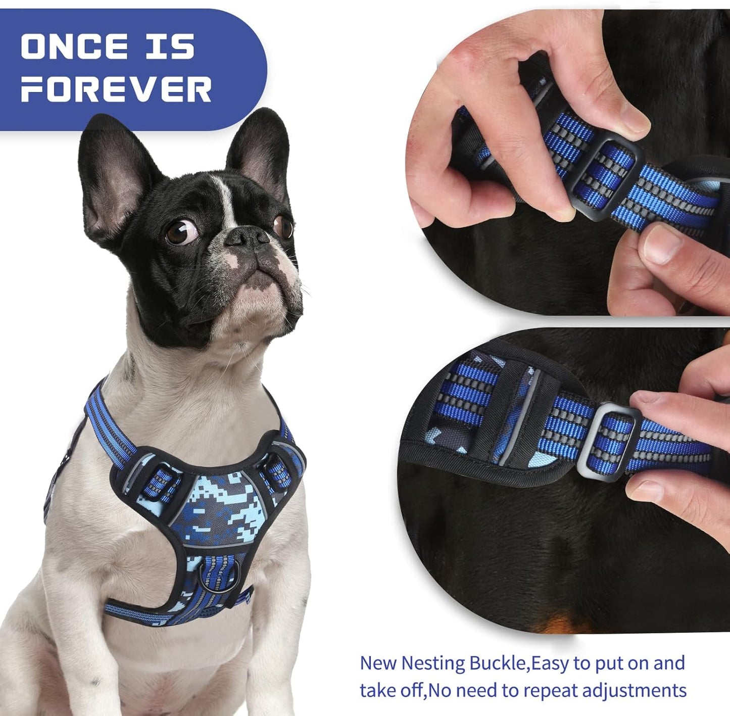 BUMBIN Dog Harness for Large Dogs, No Pull Adjustable No Choke Pet Vest with Dog Leash Fit Smart Reflective Pet Walking Harness for Training Easy Control Soft Handle Blue Camo L