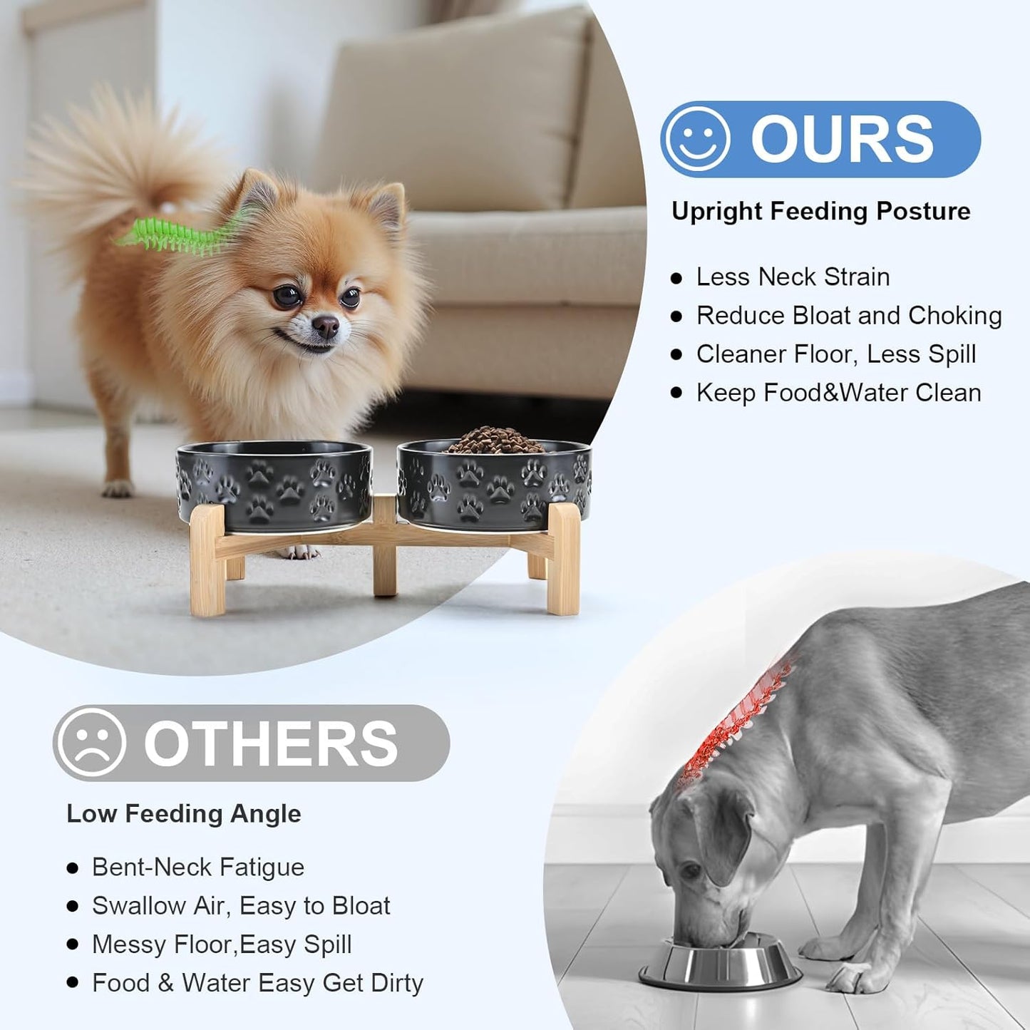 SPUNKYJUNKY Elevated Dog Bowls Ceramic, 5.1'' Dogs and Cat Food Water Bowls Raised with Non-Slip Bamboo Stand for Puppy Small Sized Breed Microwave Dishwasher Safe - 13.5 OZ,Paw Black