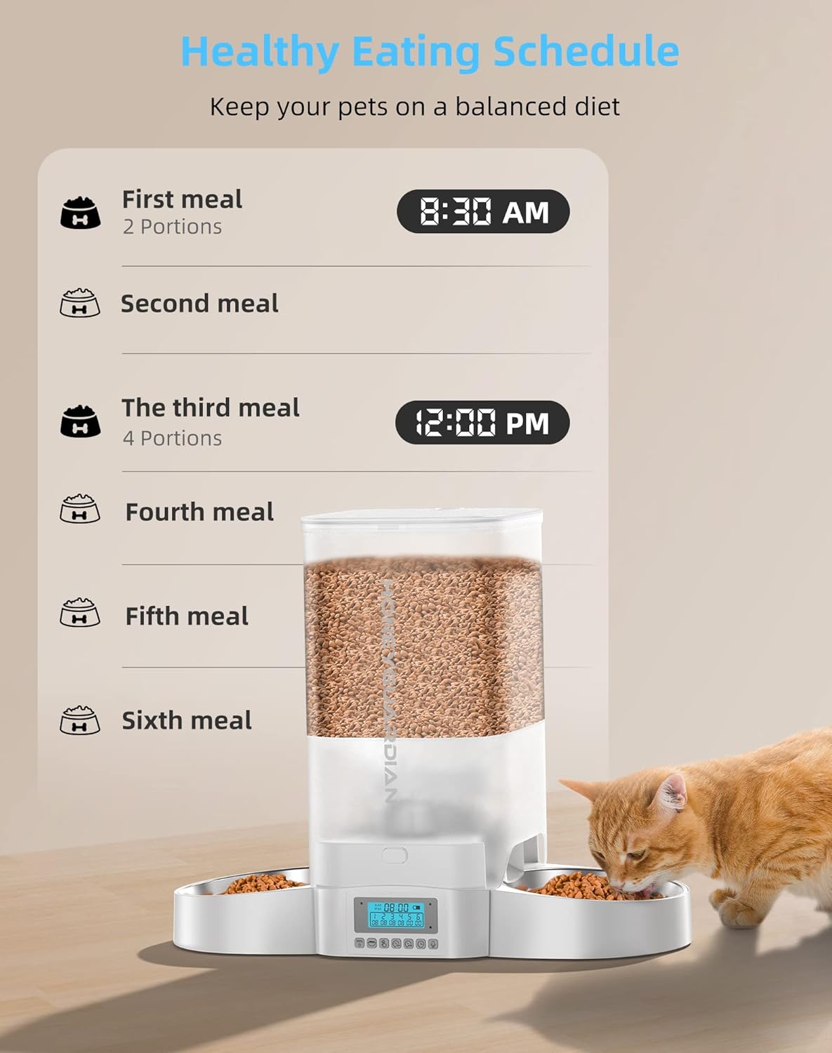 HoneyGuaridan Automatic Cat Feeder for Two Cats,5L Cat Food Dispenser with Stainless Steel Bowl,Timed Feeder Programmable 1-6 Meals Control, Dual Power Supply,Desiccant Bag,10s Meal Call White