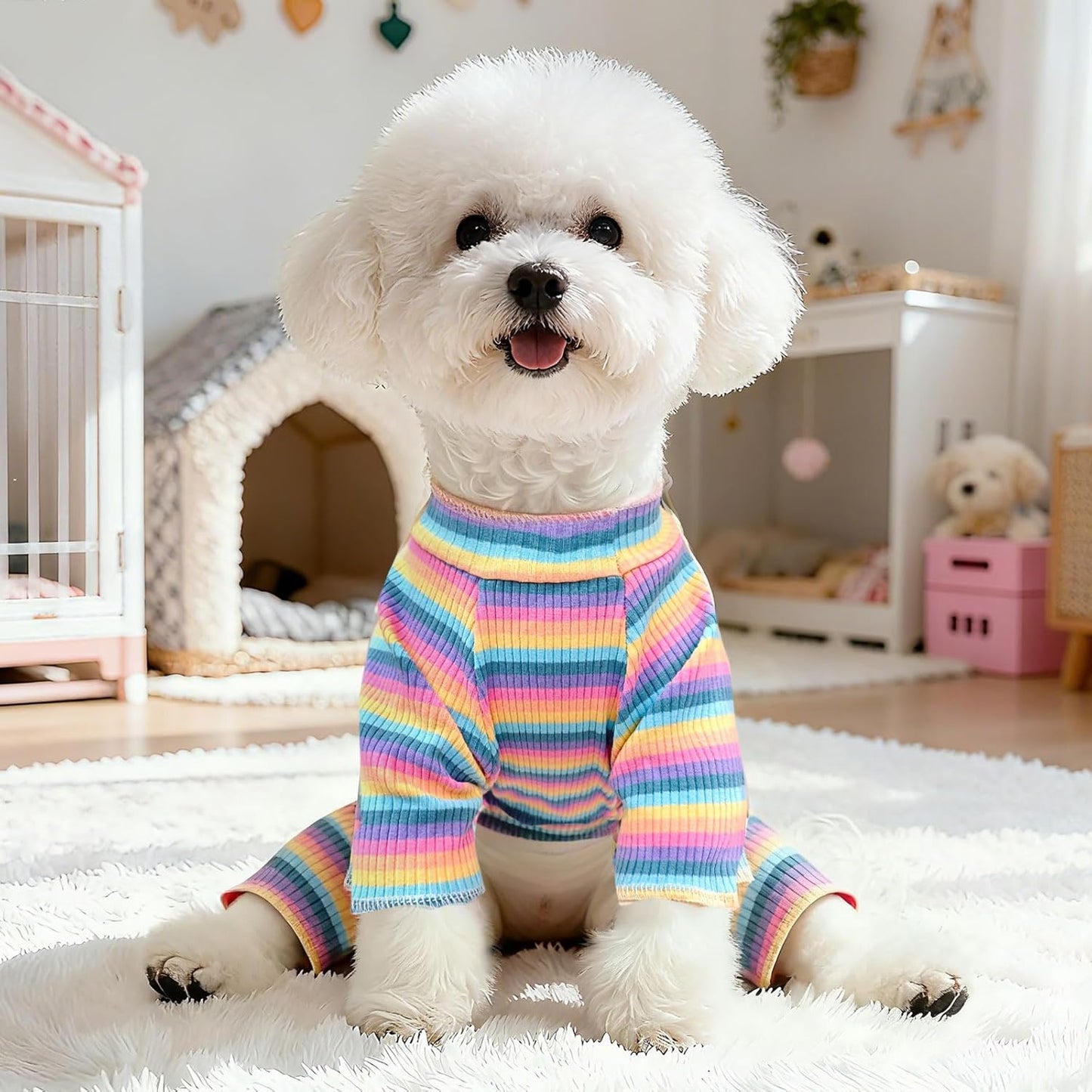 BAEJMJK Striped Dog Pajamas Stretchy Cute Four-Legged Boy Girl Dog Clothes with Sleeves Comfortable Dogs Jumpsuit Colorful Pet Puppy Outfits Apparel for Small Medium Dogs Cats(Pink,Pink,XX-Large)