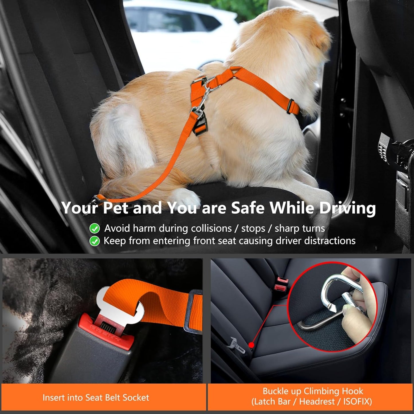 Dog Seat Belt, Safety Vest Dog Car Harness with Adjustable Buckle Dog Seat Belt for Vehicle Nylon Pet Safety Seat Belts Heavy Duty(L, Orange)