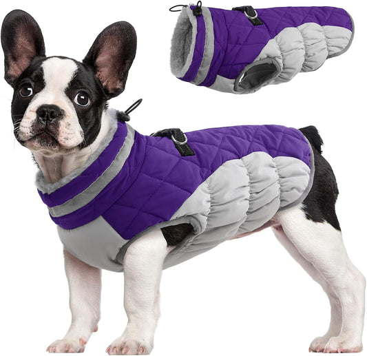 FUAMEY Dog Coat for Small Dogs,Waterproof Dog Winter Jacket with Harness Built in Puppy Cold Weather Coats Reflective Pet Vest with Zipper Warm Fleece Dogs Snowsuit Windproof Purple XS