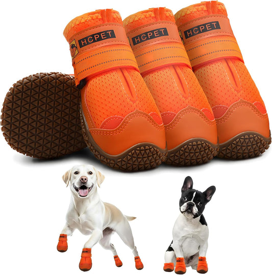 Hcpet Dog Shoes for Large Dogs, Breathable Dog Booties for Small Medium Dogs, Anti-Slip Dog Boots & Paw Protectors for Hot Pavement Winter Snow Hiking with Reflective Straps Orange Size 7