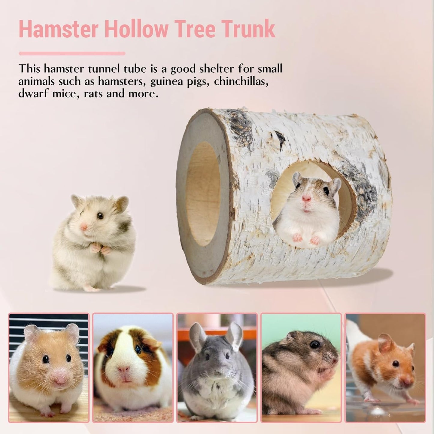Wooden Hamster Tunnels,Natural Birch Wood Hamster Tree Hole Tube Hamster Chew Toy Small Animal Hollow Tree Trunk Tube Hideout Climbing Toy Cage Accessories for Guinea Pig Chinchilla Gerbil Rat