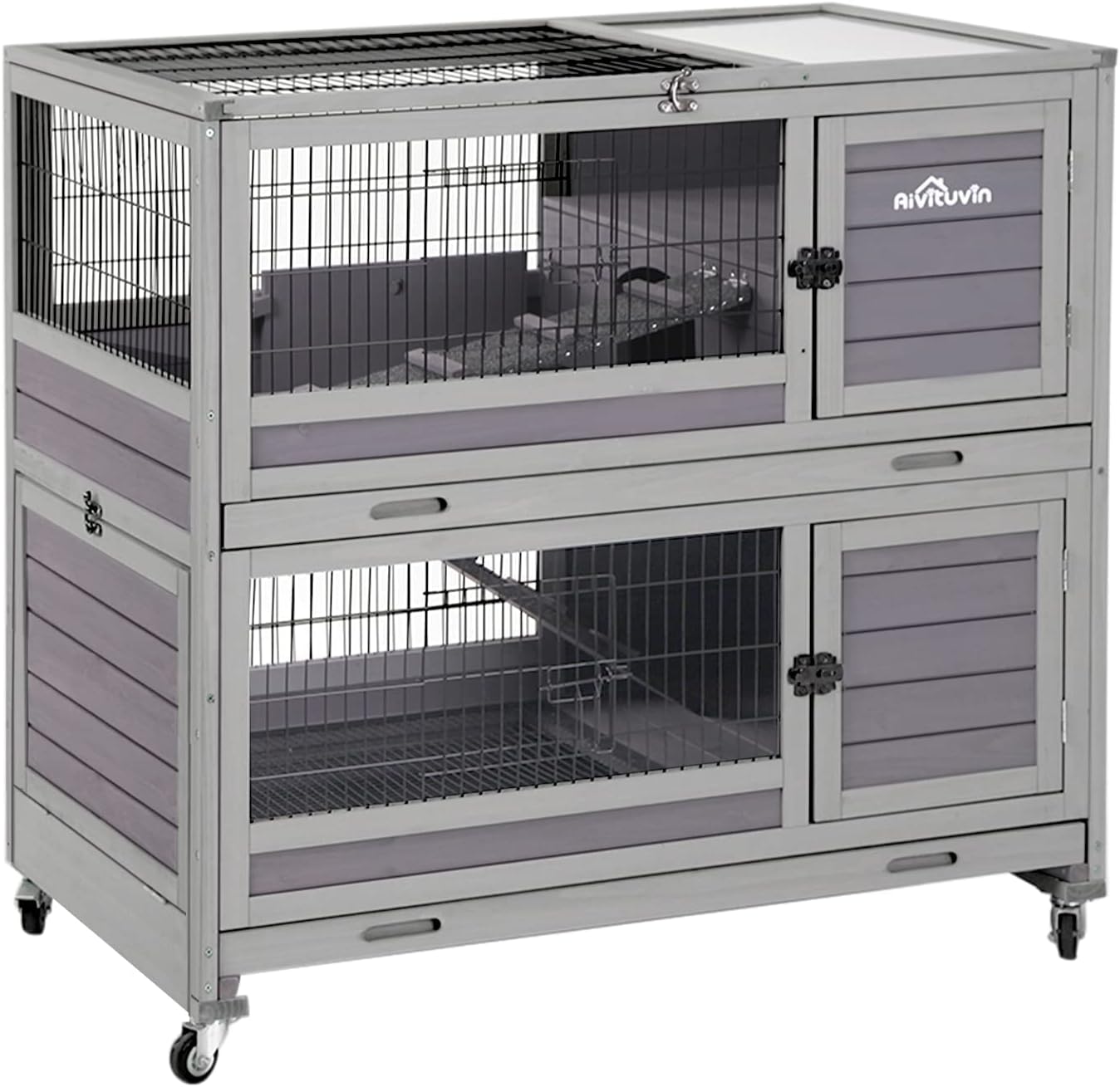 Aivituvin Rabbit Hutch Rabbit Cage Outdoor & Indoor on Wheels Bunny cage with Deep No Leak Pull Out Tray,Upgrade Version (Gray)