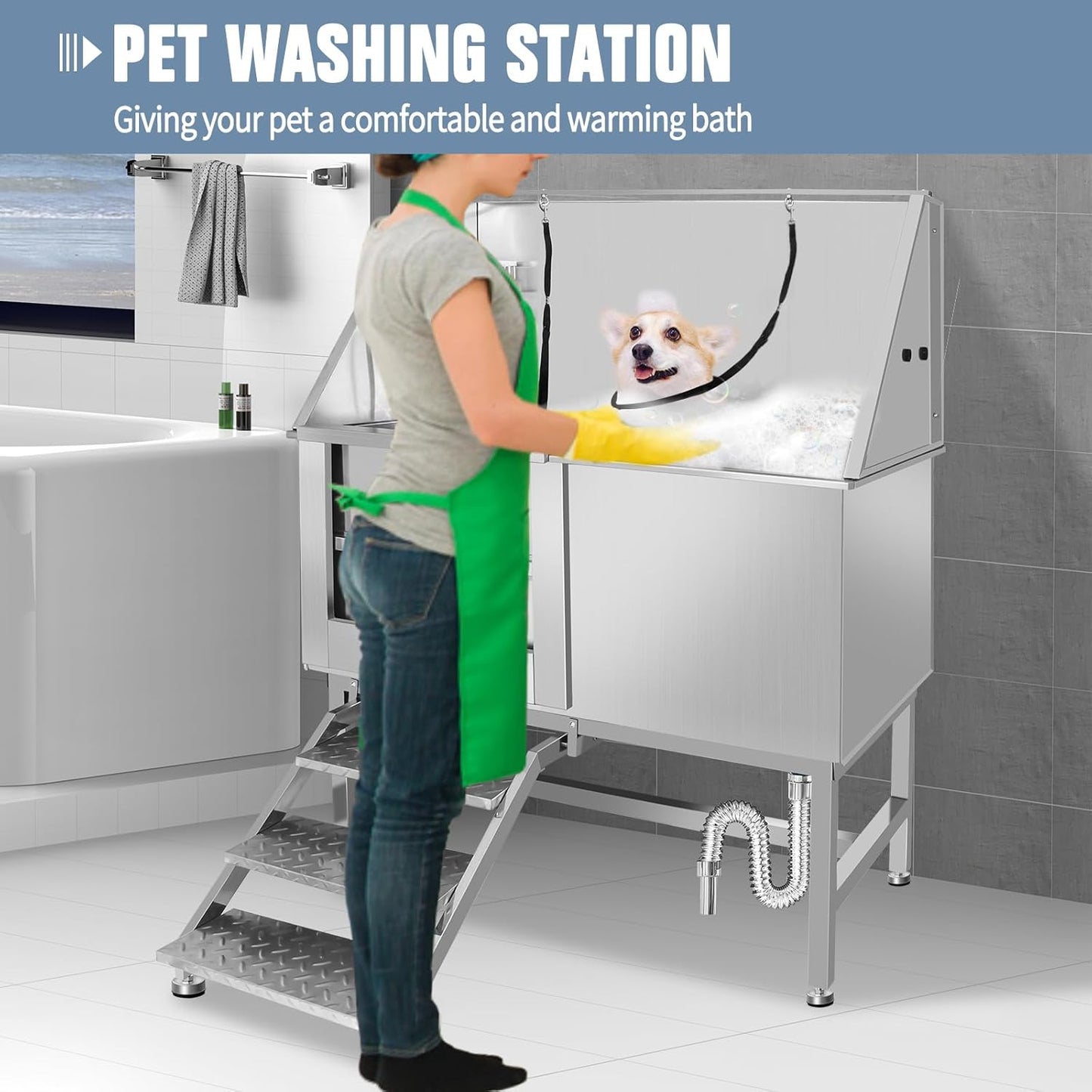 50" Dog Bathing Station for Large Dogs, Stainless Steel Dog Pet Washing Station, Professional Dog Grooming Tub, Pet Wash Bath Station (50" Left Door)