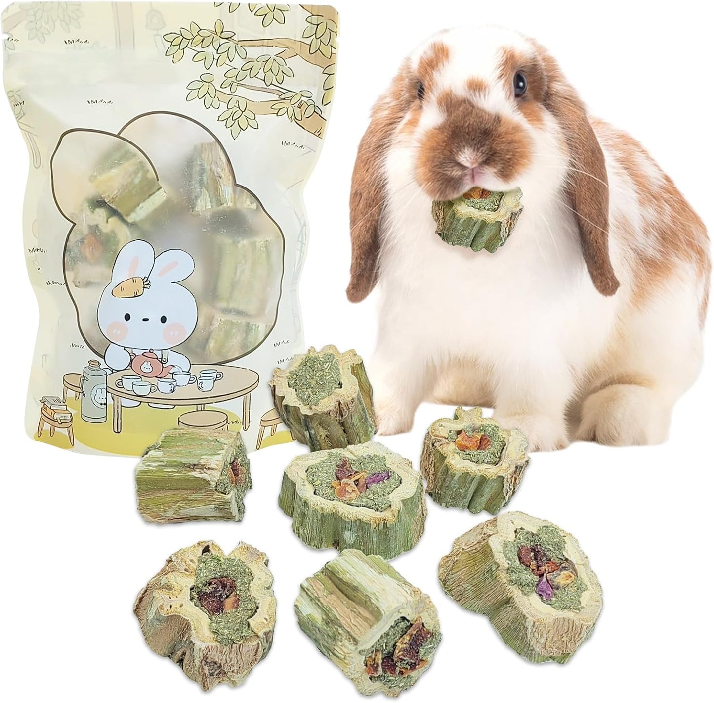 Fhiny Rabbit Chew Toys Natural Baked Papaya Wood Bunny Molar Treats Contain Alfalfa Grass Apple Carrot and Purple Sweet Potato Filling for Hamsters Guinea Pigs Chinchillas Teeth Grinding(0.22 lb)