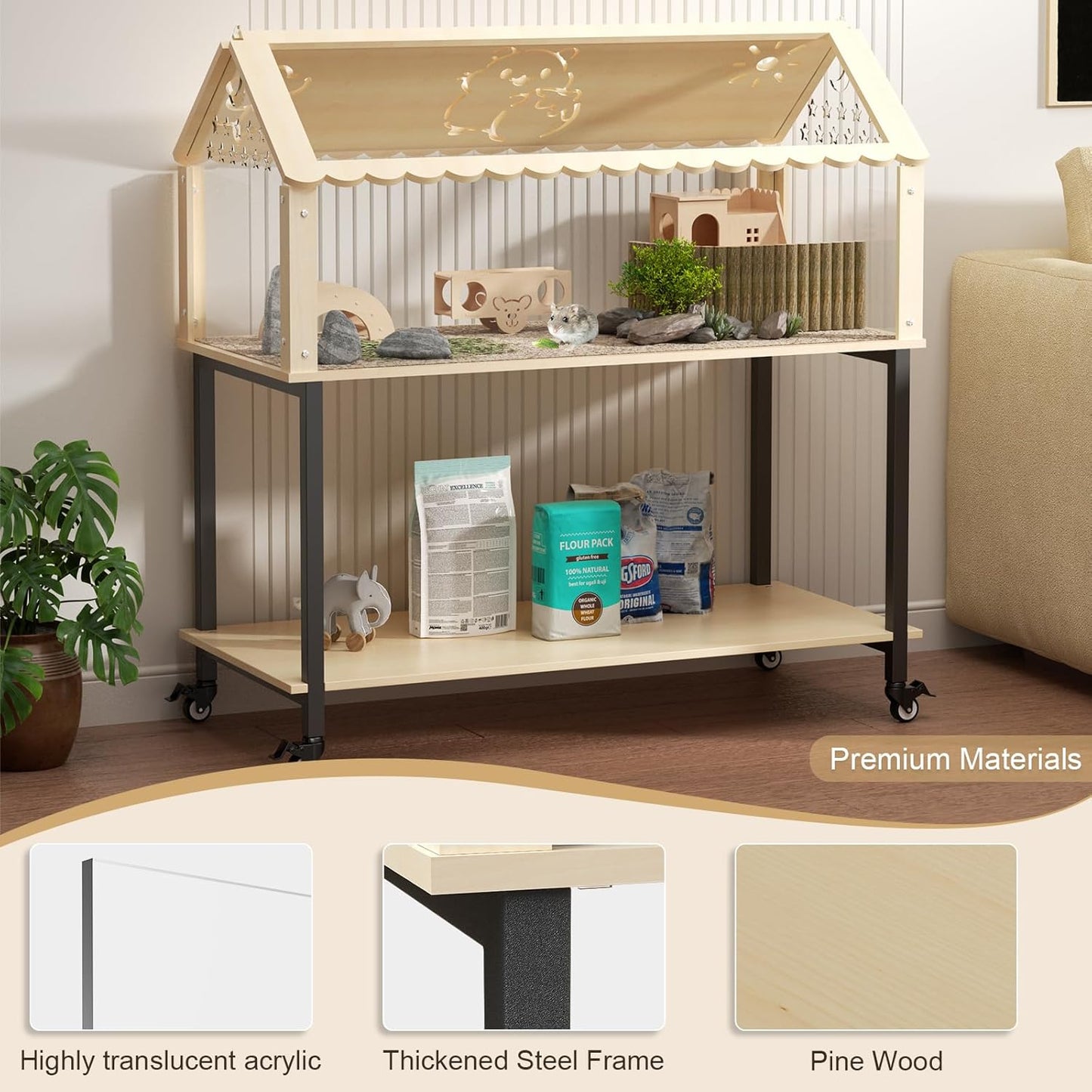 31inch Hamster cage Wooden with Acrylic, Dwarf Hamster cage, Small Animal Habitat with Openable Top, Mouse cage for Guinea Pigs, Chinchillas, Gerbil, Syrian Hamster (31inch with Storage Shelf)