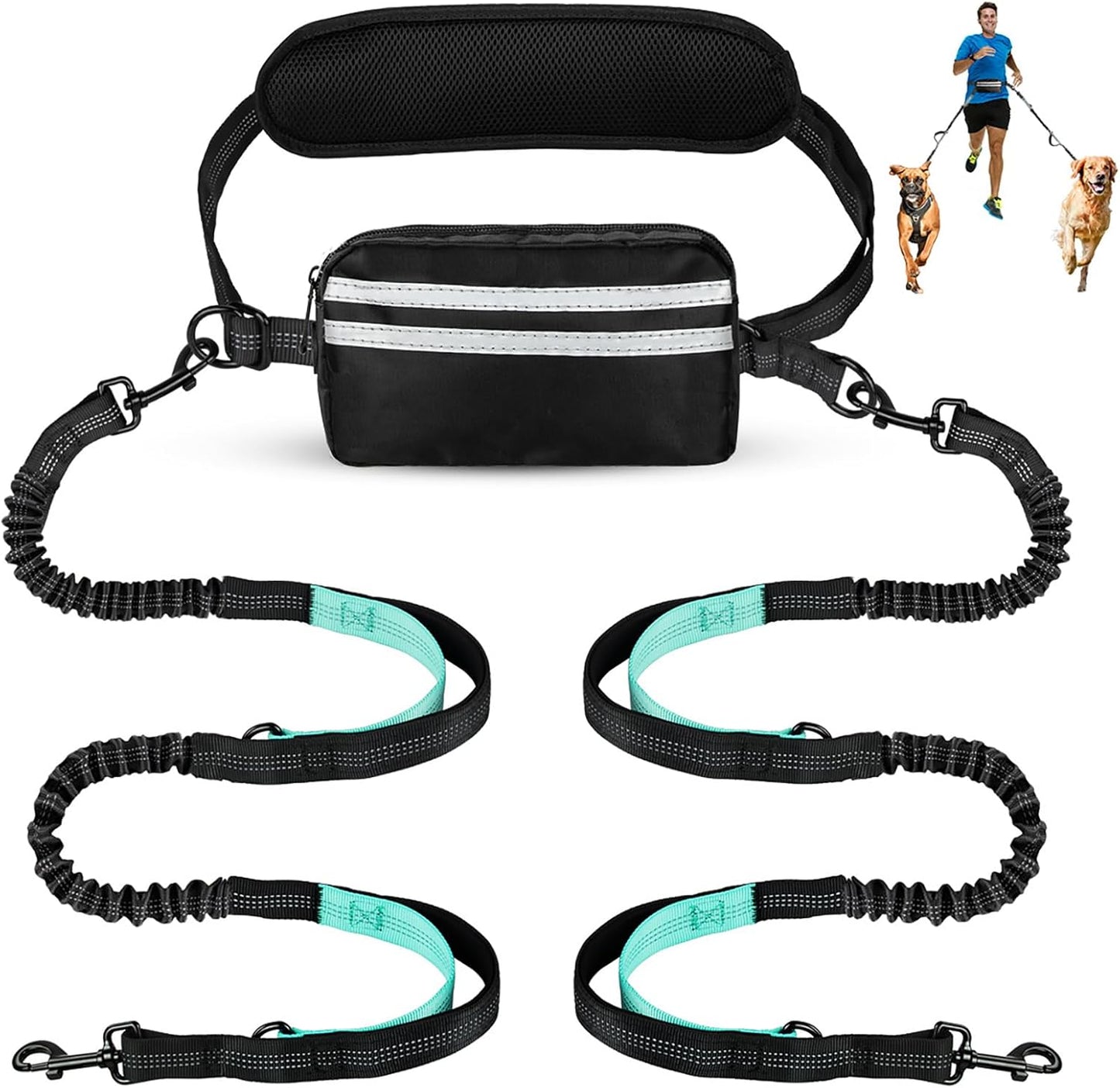 Hands Free Dog Leash with Pouch, Double Leash for Two Dogs, Retractable Bungee with Double Padded Handles, Waist Leash for Dog Walking, Running Leash for Dogs, Dog Walking Accessories