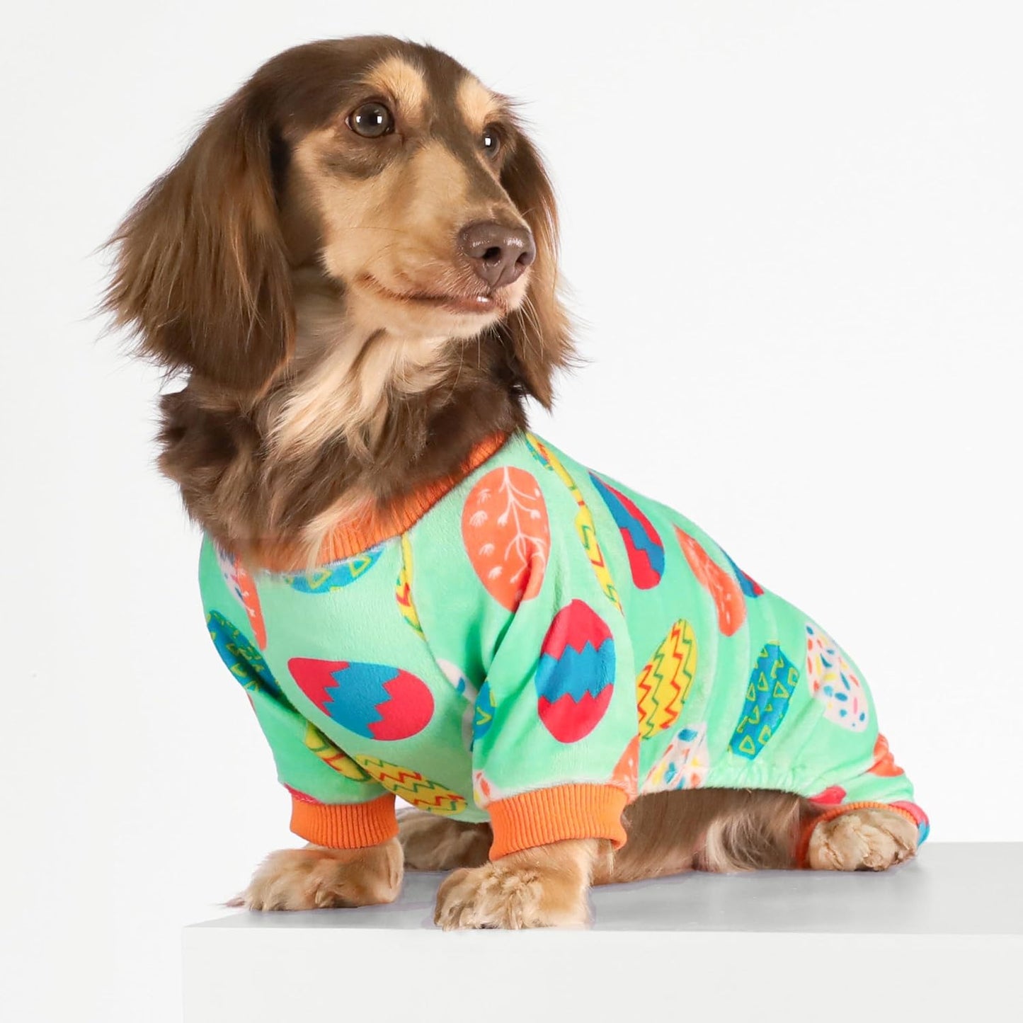 Fitwarm Easter Egg Dog Pajamas, Holiday Dog Clothes for Small Dogs Girl Boy, Pet Easter Outfit, Puppy Cat Onesie, Lightweight Velvet, Light Green, Orange, XL