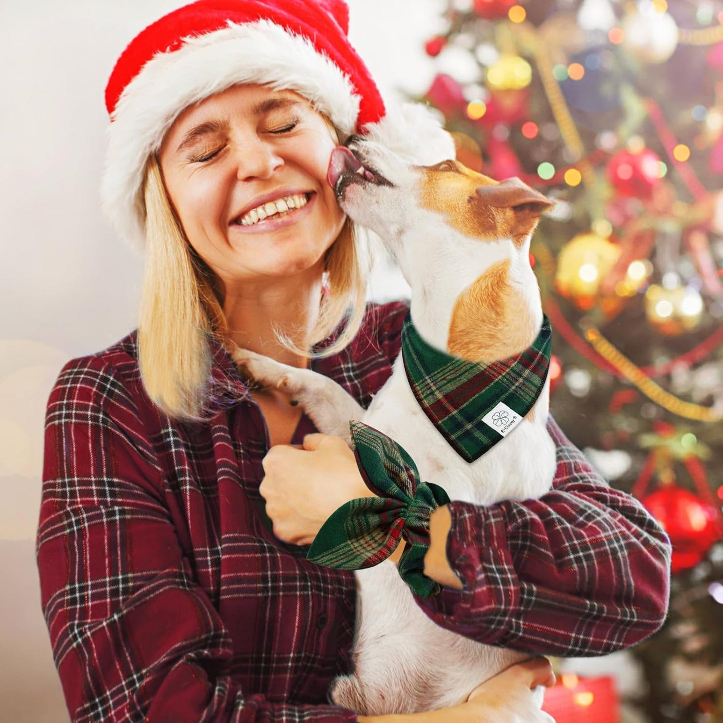 E-Clover Dog Bandana & Matching Scrunchie - Green Red Plaid Pet Scarf, Cute Costumes Accessories for Small Medium Large Dogs