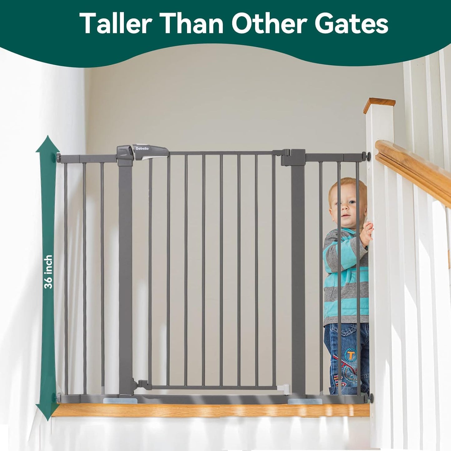 BABELIO 36 Inch Tall Metal Baby Gate, 29-48" Auto Close Pressure Mounted Dog Gate, Gray
