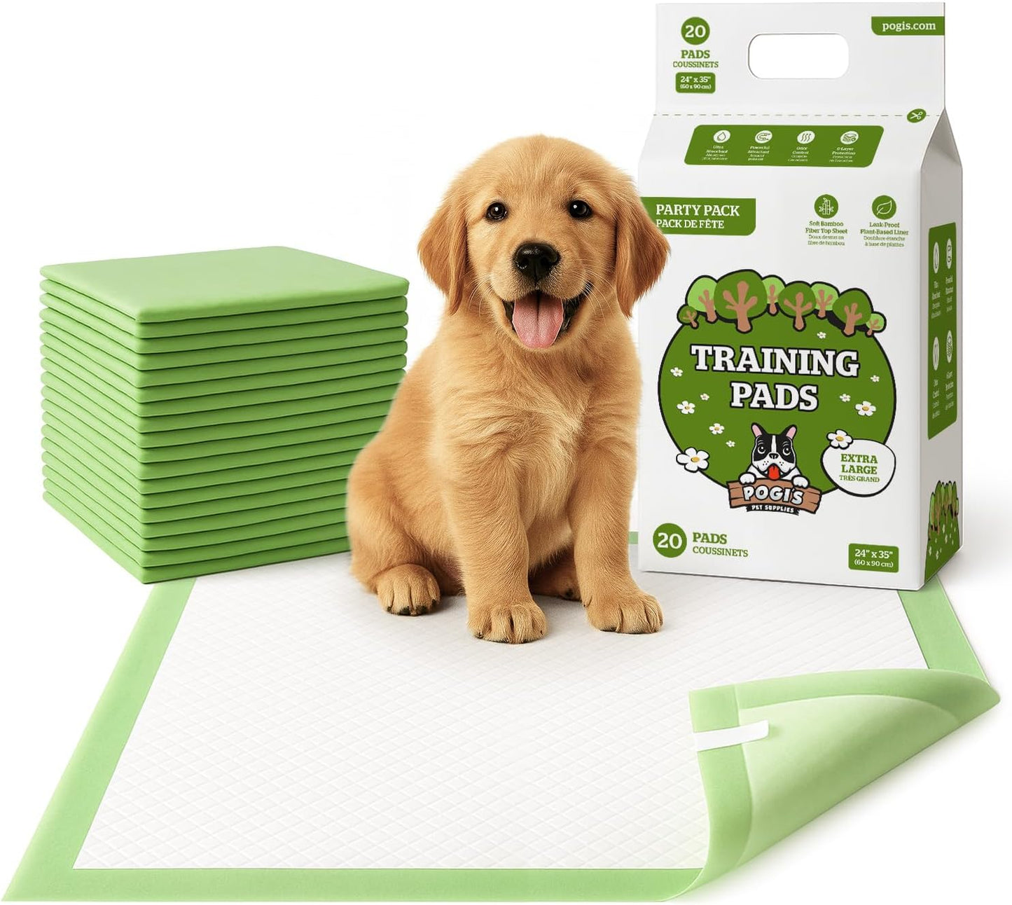 Pogi’s Potty Pads with Sticky Tabs – XL, Super Absorbent, Odor Blocking, 40-Count (24x35in)