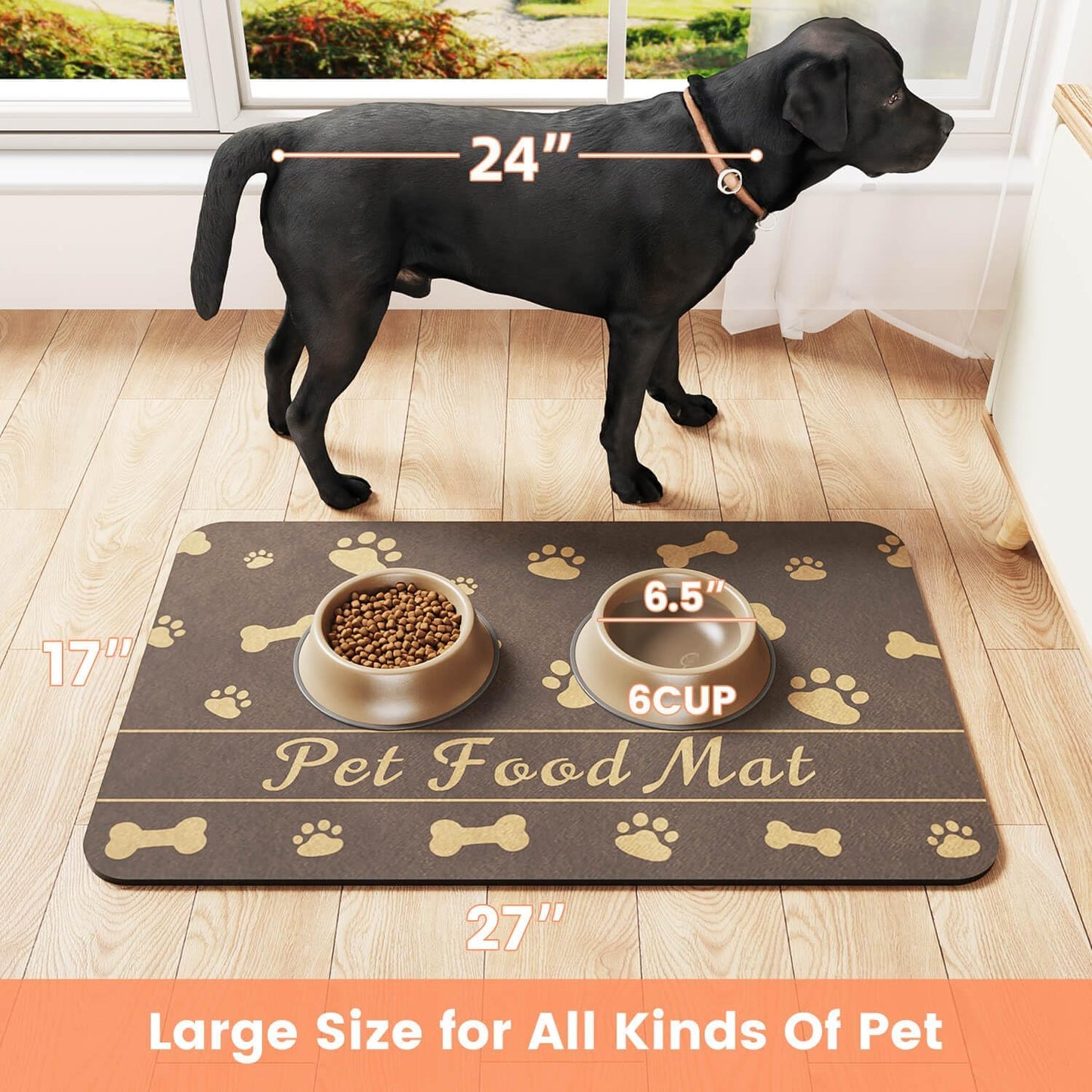 Pet Feeding Mat-Absorbent Pet Placemat for Food and Water Bowl, with Waterproof Rubber Backing, Quick Dry Water Dispenser Mat for Dog and Cat (16"x24", Brown)