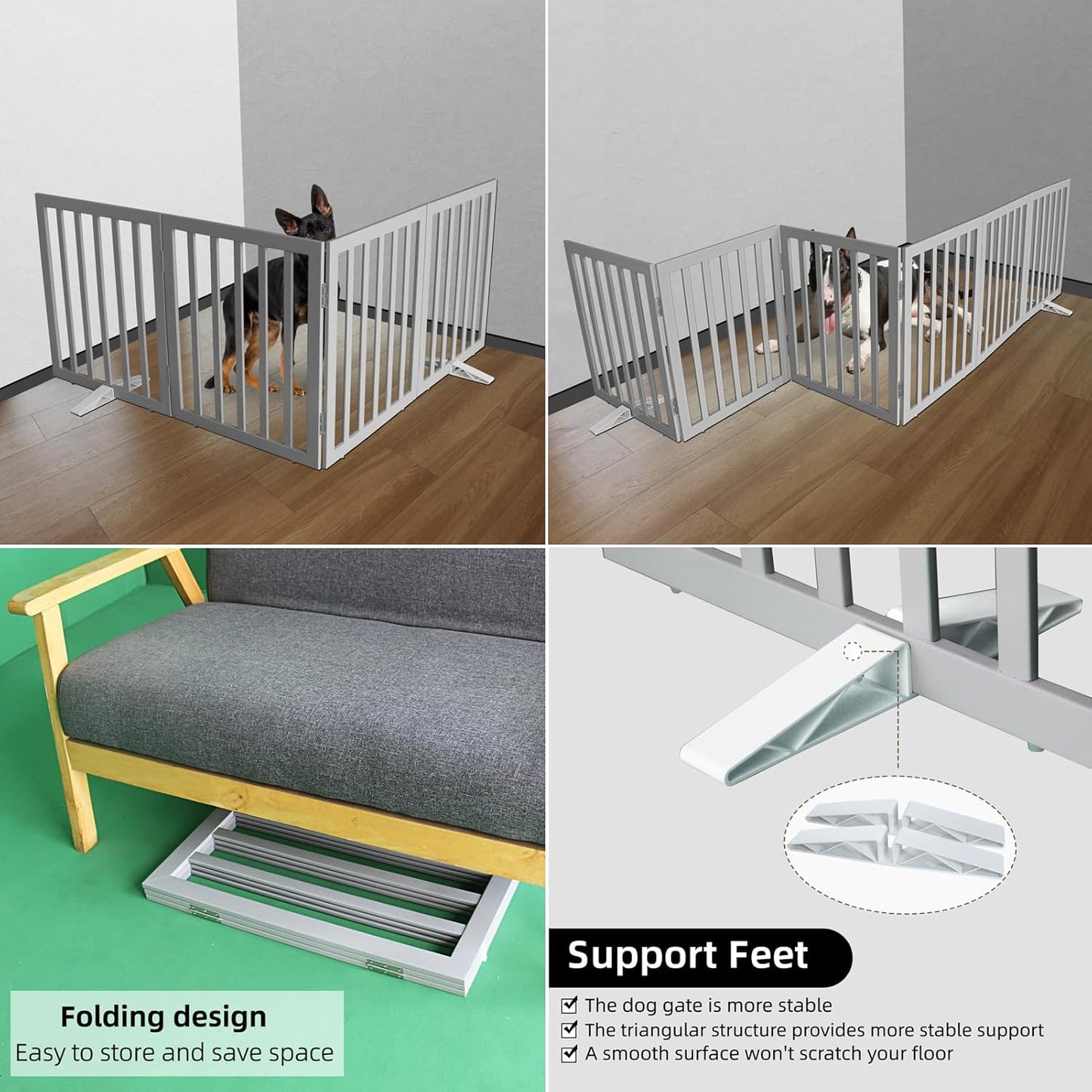 ZJSF Freestanding Indoor Dog Gate for House Foldable Wood Puppy Gate for Doorways Pet Gate for Stairs Extra Wide Pet Fence, Grey, 24" Height 4 Panels