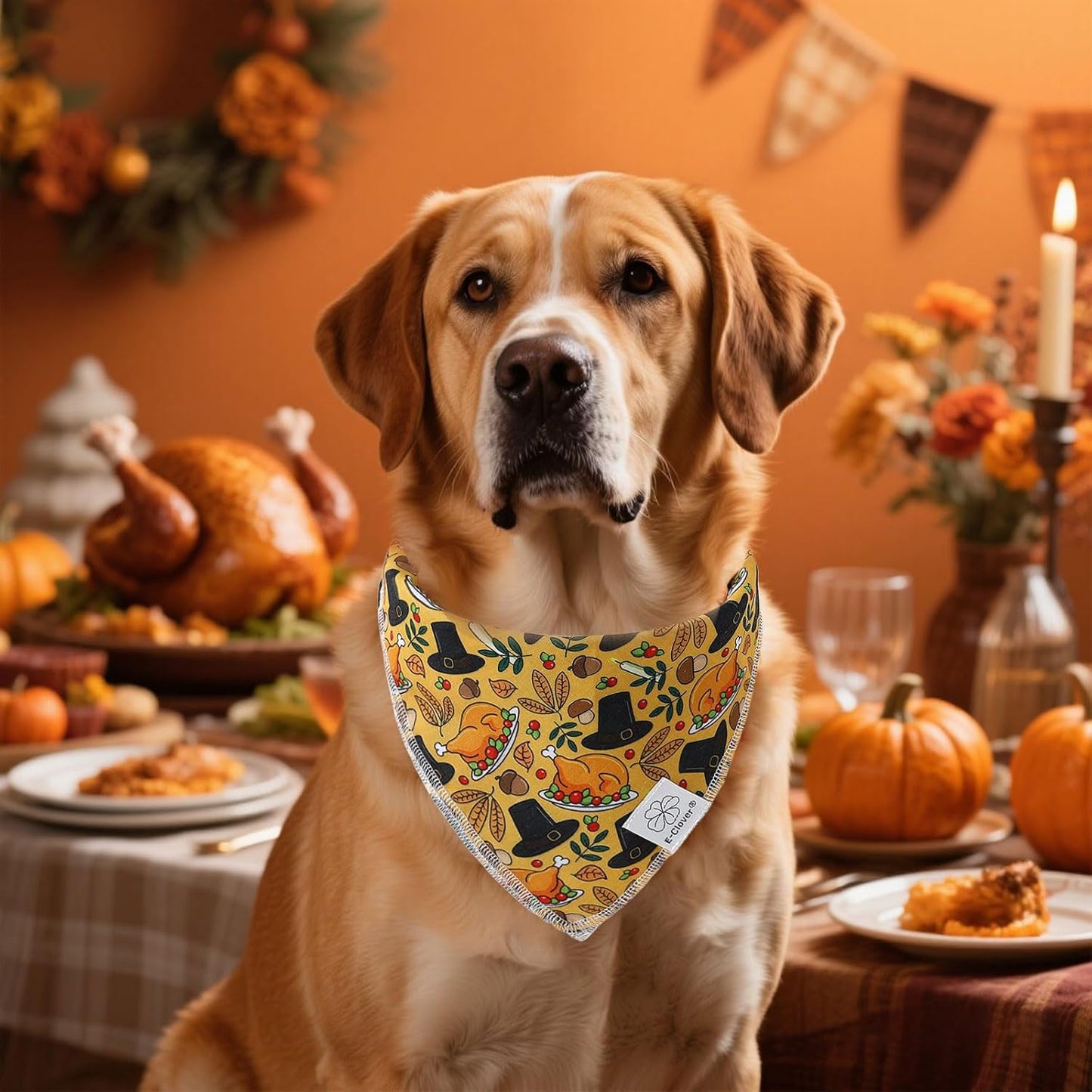 E-Clover Thanksgiving Dog Bandanas & Matching Scrunchie Set Girl Fall Turkey Dog Scarf Bibs Pet Bandana with Bow Tie for Medium Large Dogs Owner Mom Brown
