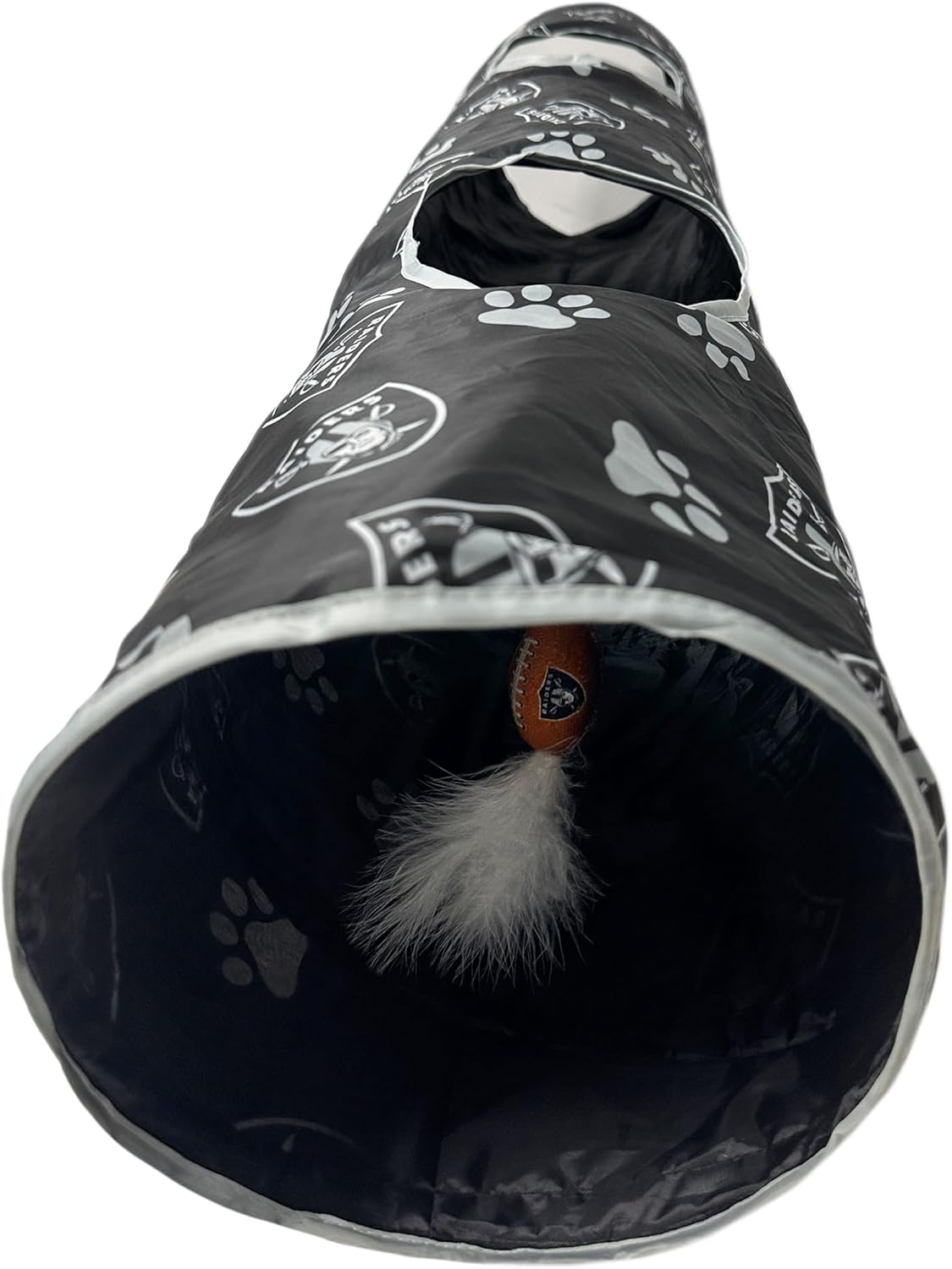 NFL Las Vegas Raiders Cat Tunnel Tube Toy with Plush Football Catnip and Feathers Collapsible Tunnel for Cats to Play, Peek and Hide, Sporty & Fun Cat Tunnel Toy with Team Logo All-Over Design!