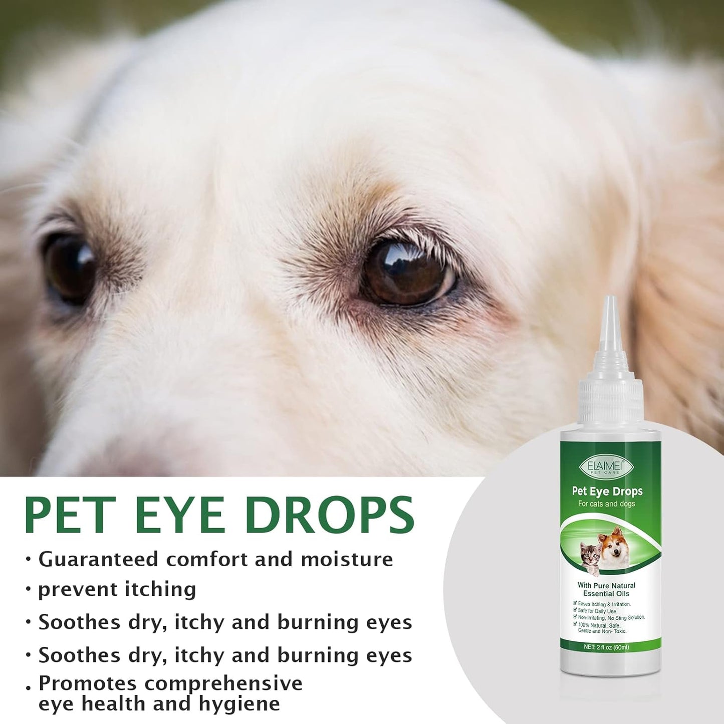 Pet Eye Drops for Dogs & Cats, Relieve Itching, Irritation & Allergies Symptoms - Natural Formula, Dog Eye Infection Treatment, Safe for Daily Use(60ml)