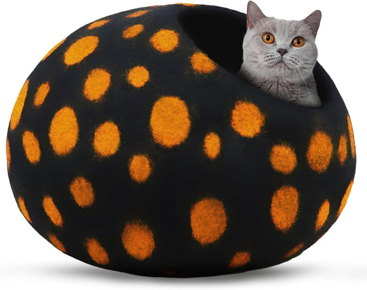 Woolygon Premium Felt Cat Cave Bed - Polka Dot Series - Wool Kitty Beds Handcrafted Kitten Caves Bed for Indoor Cats - Eco-Friendly Merino Wool, Foldable Cat Hideaway Cat Houses (Yellow/Black Dots)