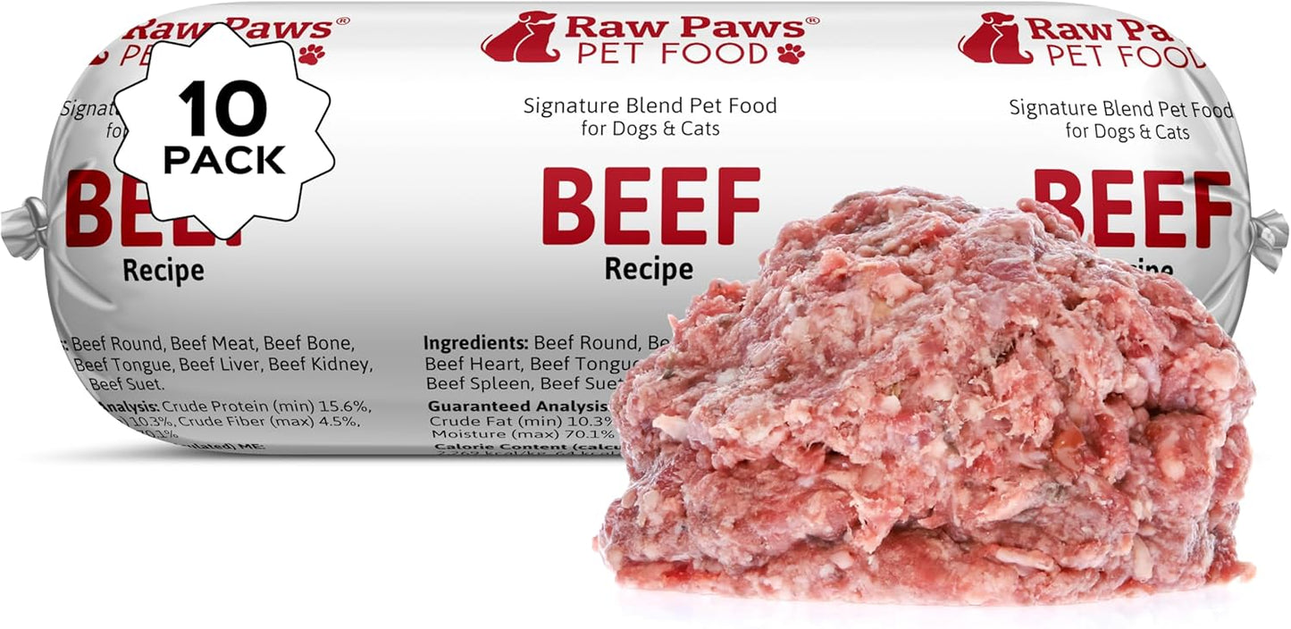 Raw Paws Signature Blend Pet Food for Dogs & Cats - Beef Recipe, 1-lb Rolls (10 Pack) - Fresh Pet Food Made in USA, Grass-Fed Beef Log, Natural Dog Food Rolls, Raw Frozen Dog Food & Cat Food