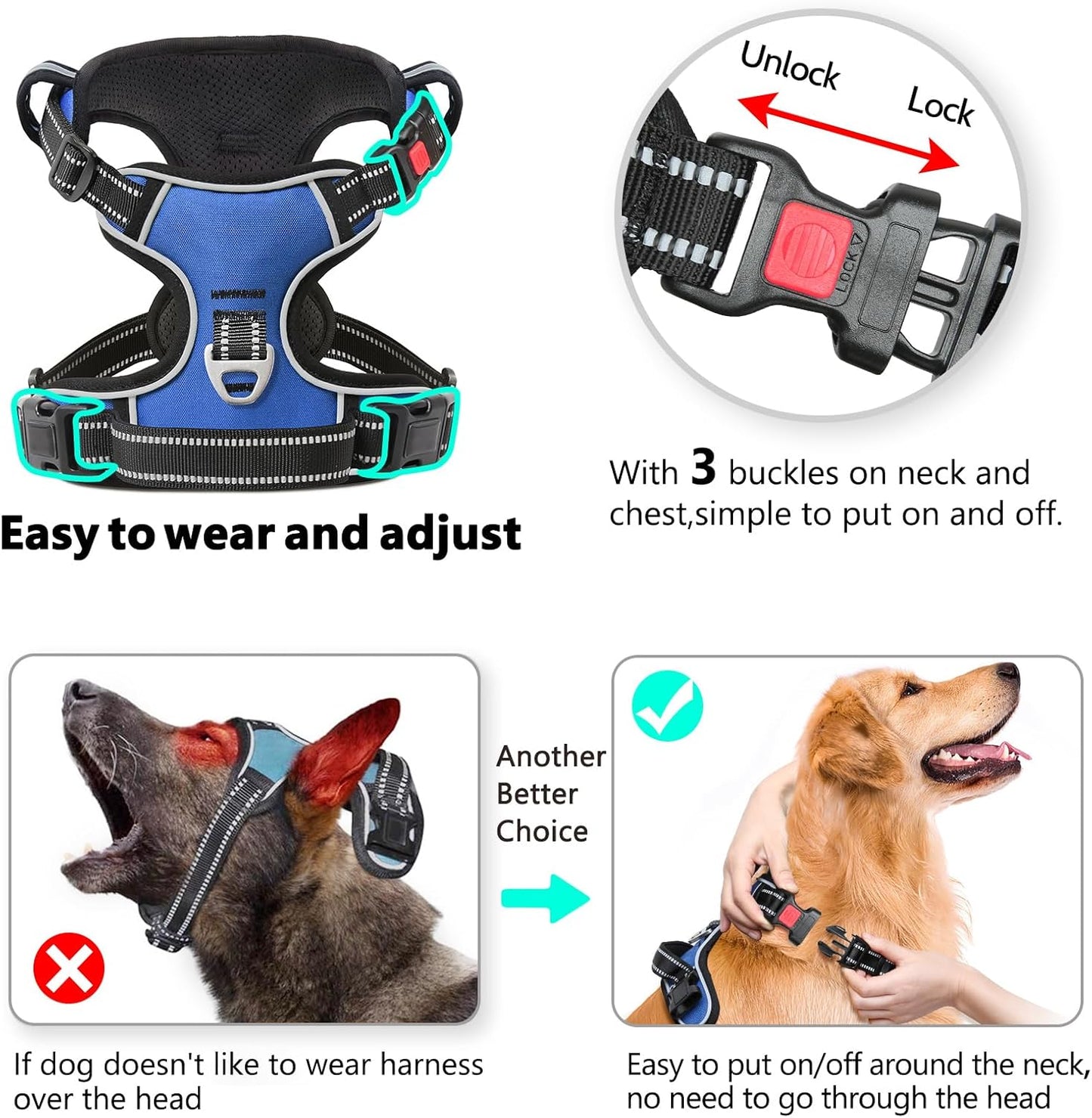 Timos Dog Harness, No Pull Dog Harness 3 Snap Buckles Adjustable Reflective No Choke Pet Vest for Small Dog with Soft Padded Control Training Handle for Outdoor Training,Lock Blue, S