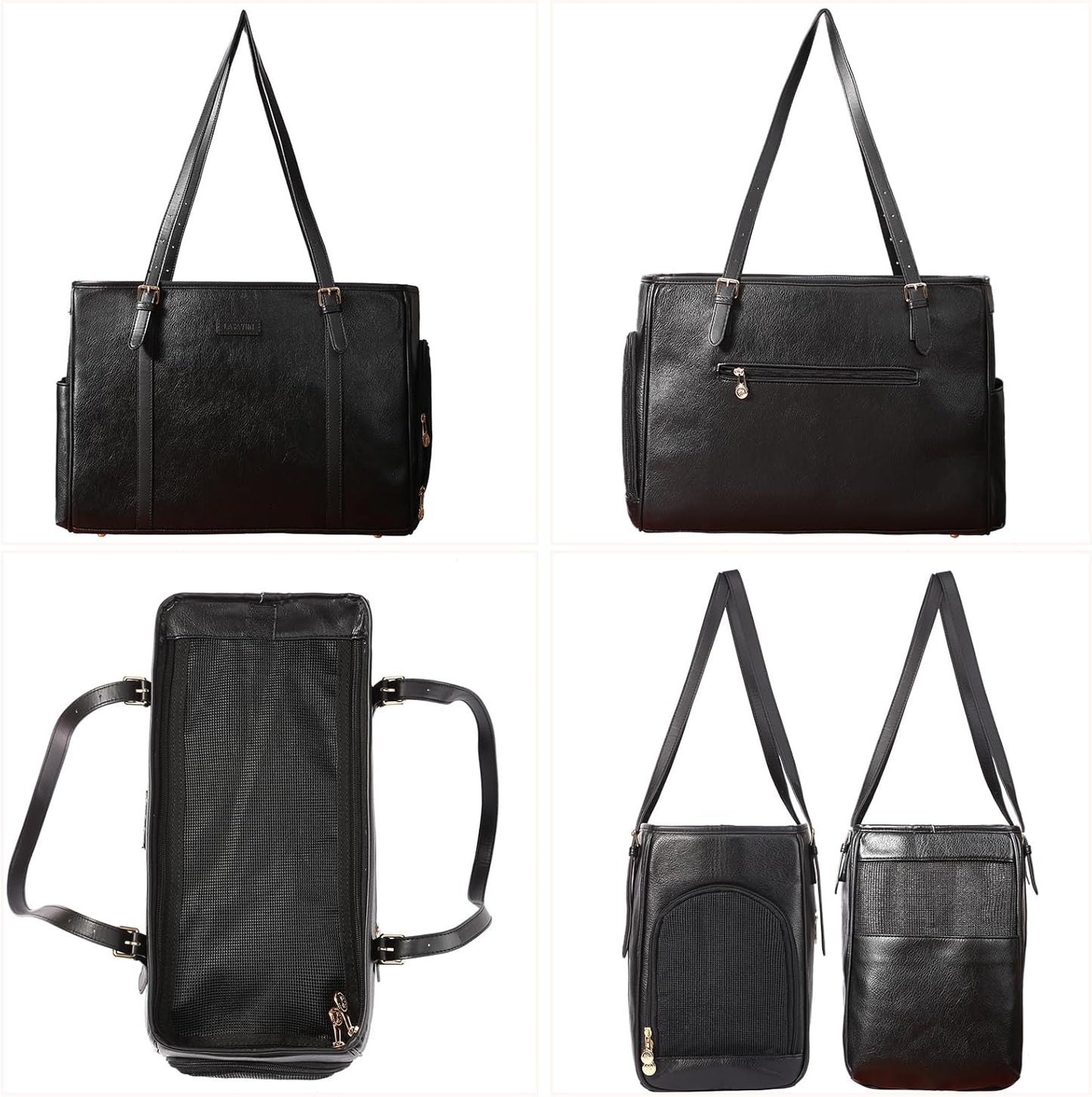 Fashion Dog Purse Pet Carrier Leather Bag for Small Dogs Cats Puppy, Portable Tote Bag Airline Approved Soft-Sided Carriers (Black)