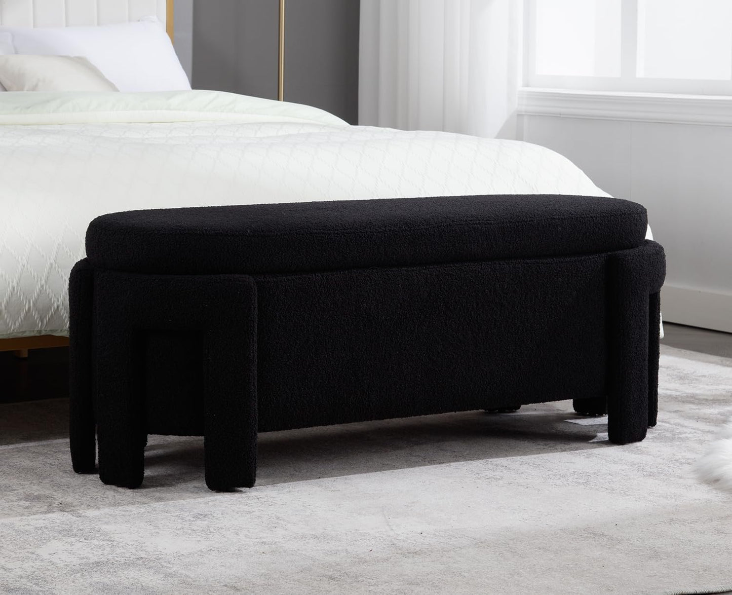 Kmax 50" Storage Ottoman Bench Modern Faux Fur Boucle Entryway Bench Comfy Upholstered End of Bed Bench for Hallway Entrance Bedroom Corner, Black