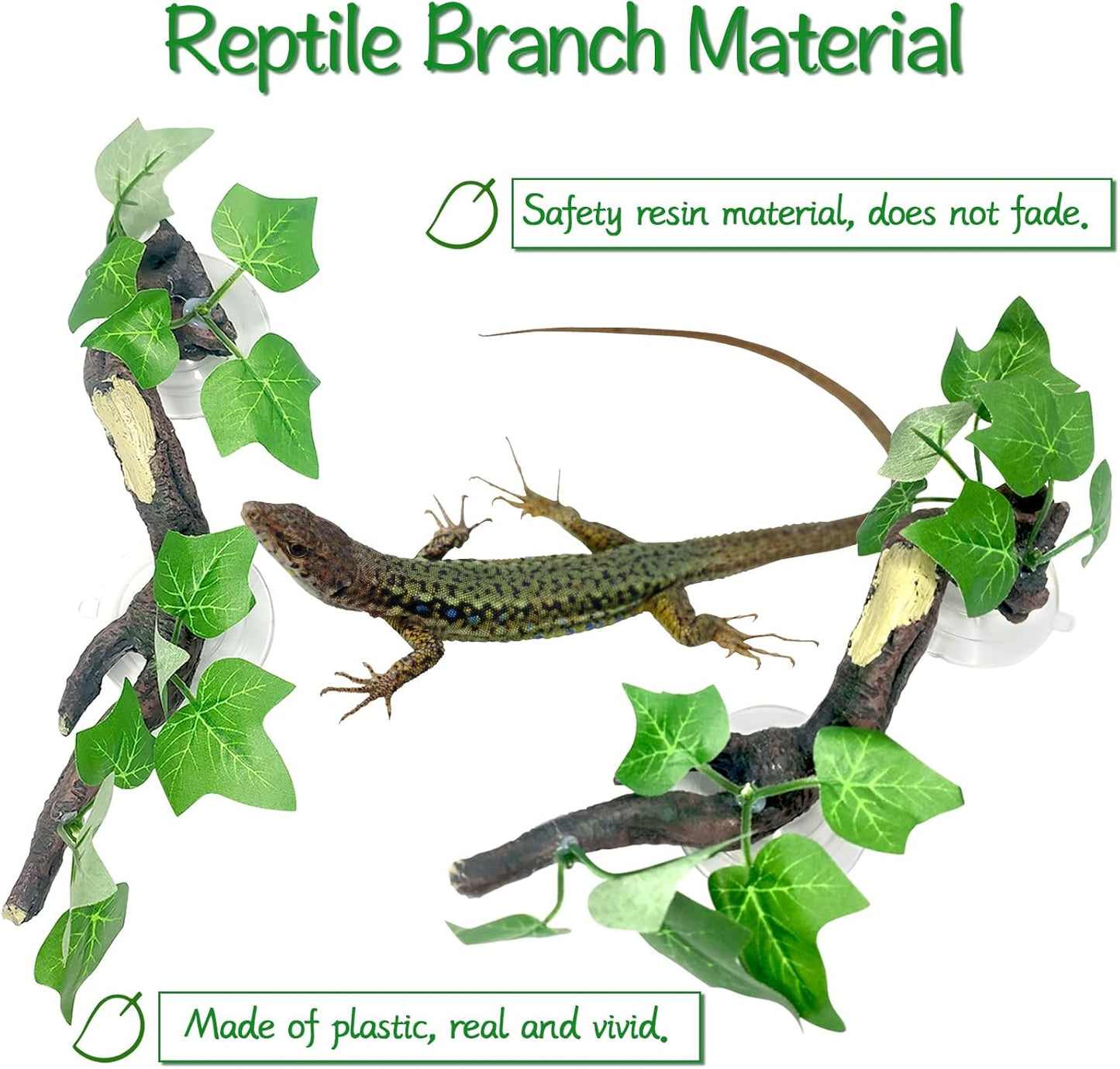 Fhiny 2 PCS Reptile Corner Branch, Resin Climb Tree Branch Decor with Leaves Tank Accessories Terrarium Plant Ornament with Suction Cup for Snake Lizard Bearded Dragons Gecko Climbing