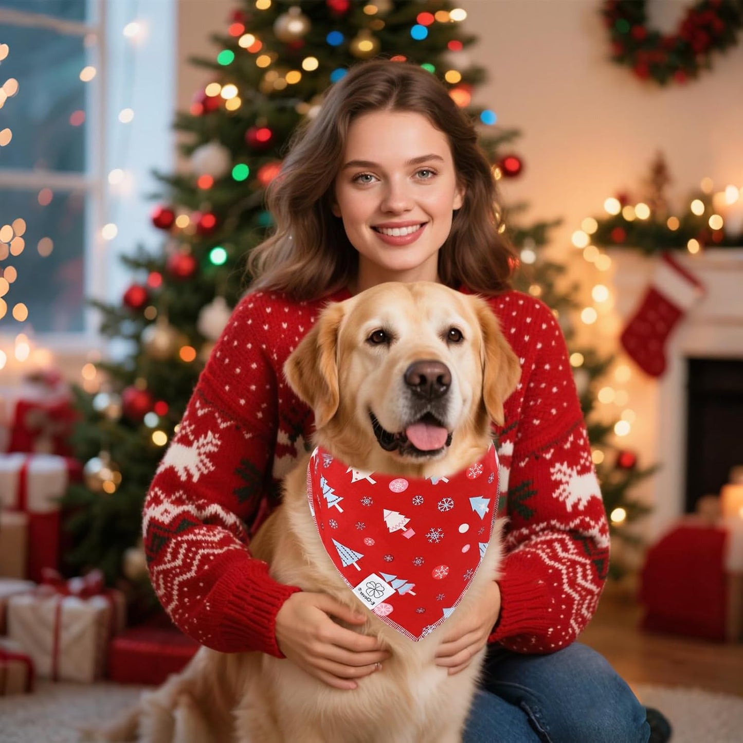 E-Clover Christmas Dog Bandanas Winter Scarf for Dog Boy Girl Christmas Tree Costumes Accessories for Medium Large Dogs Green Red