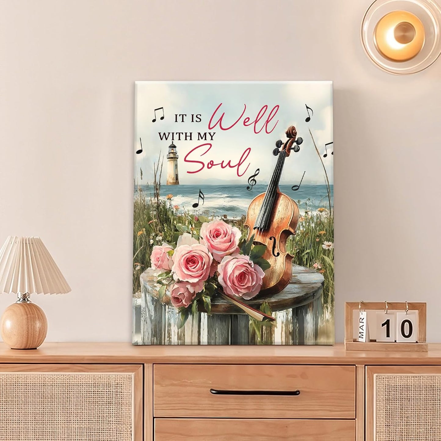 Violin Pictures Wall Art, Music Rustic Inspirational Bathroom Wall Decor, Coastal lighthouse Framed Painting Rose Aesthetics Canvas Artwork for Bathroom Bedroom Living Room Decorations 16"L x 12"W
