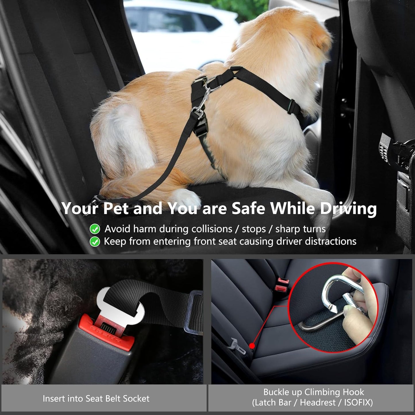 Dog Seat Belt, Safety Vest Dog Car Harness with Adjustable Buckle Dog Seat Belt for Vehicle Nylon Pet Safety Seat Belts Heavy Duty(L, Black Daisy)