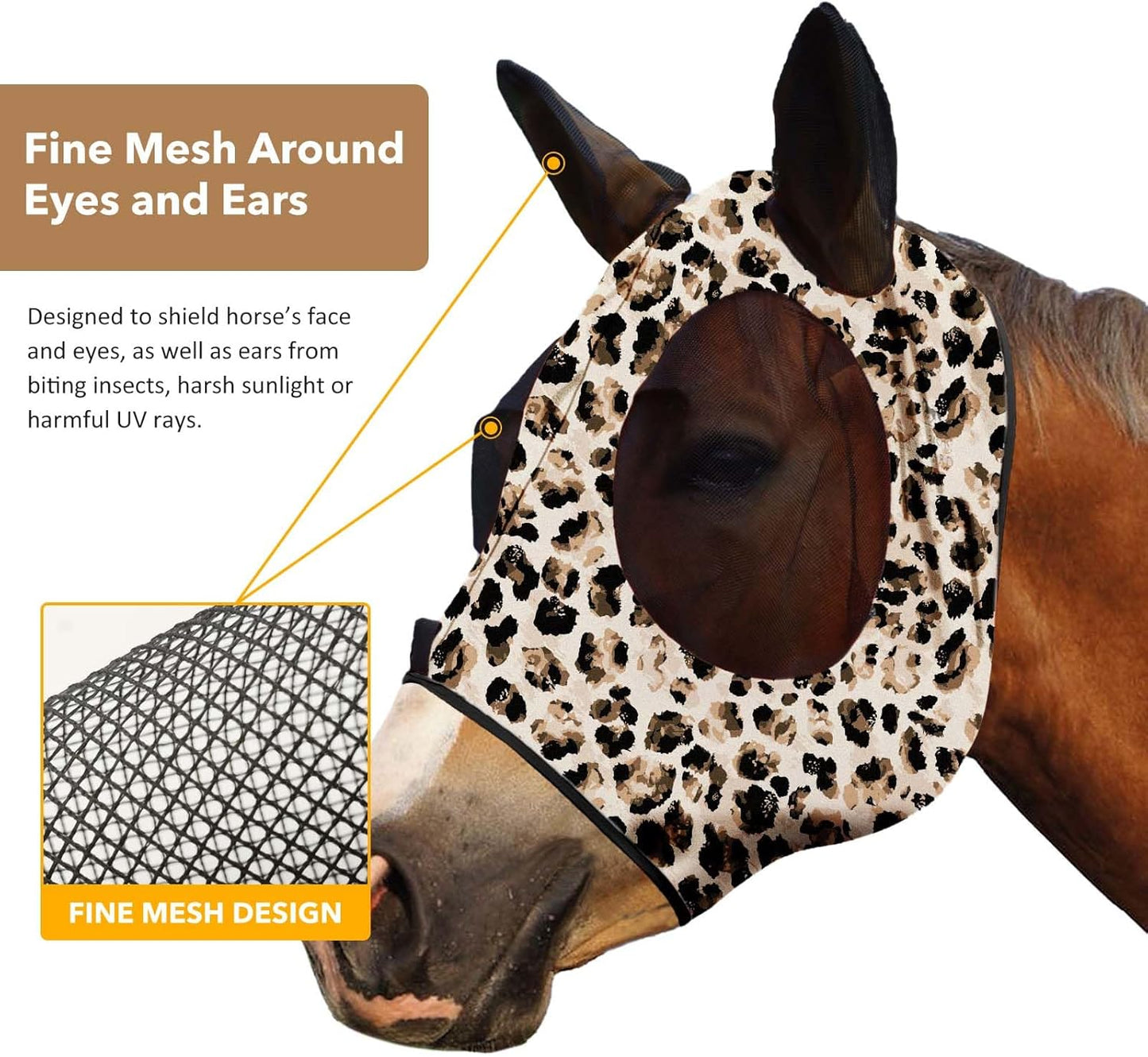 Harrison Howard Super Comfort Stretchy Fly Mask Large Eye Space with UV Protection Soft on Skin with Breathability Leopard Print M Cob