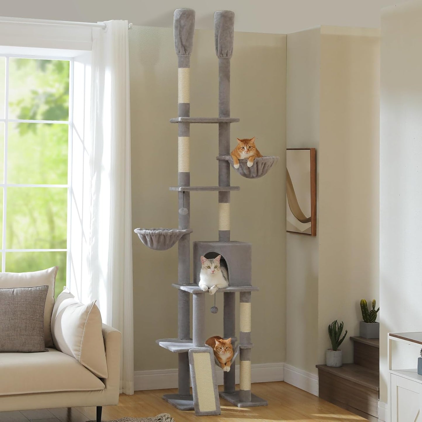 PAWZ Road Tall Cat Tree, Floor to Ceiling Cat Tower with Adjustable Height(85-112 Inches), 7 Tiers Climbing Tower with Cozy Hammocks, 5 Platforms and Scratching Posts for Indoor Cats-Gray
