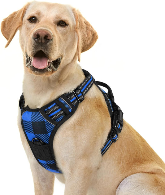rabbitgoo Dog Harness No Pull with 2 Leash Clips, Adjustable Soft Padded, Reflective Oxford No Choke Pet Vest with Easy Control Handle for Large Dogs, Blue Plaid, L